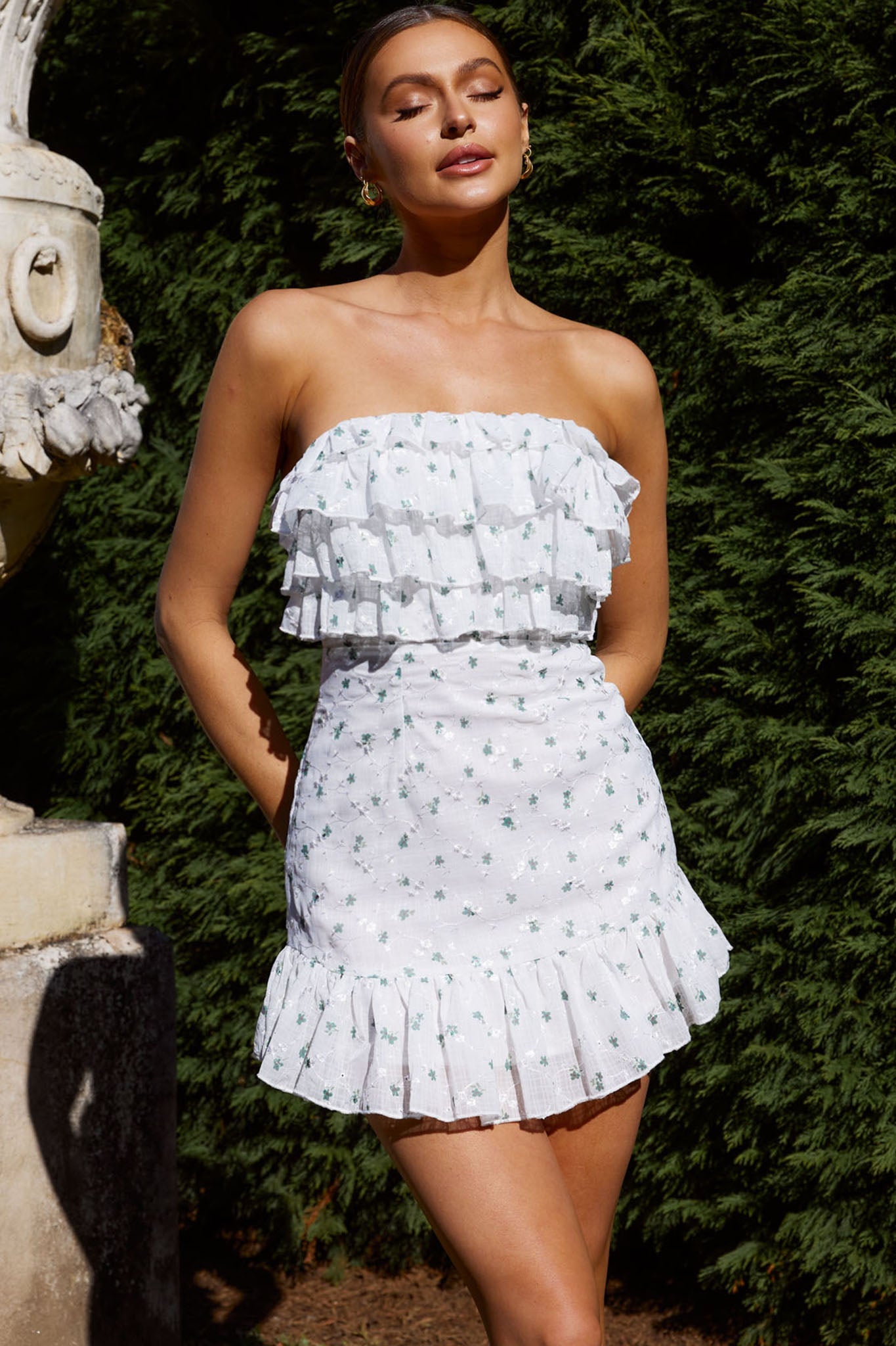 Talulah Ruffle Bust Mini Dress Floral Green by Selfie Leslie