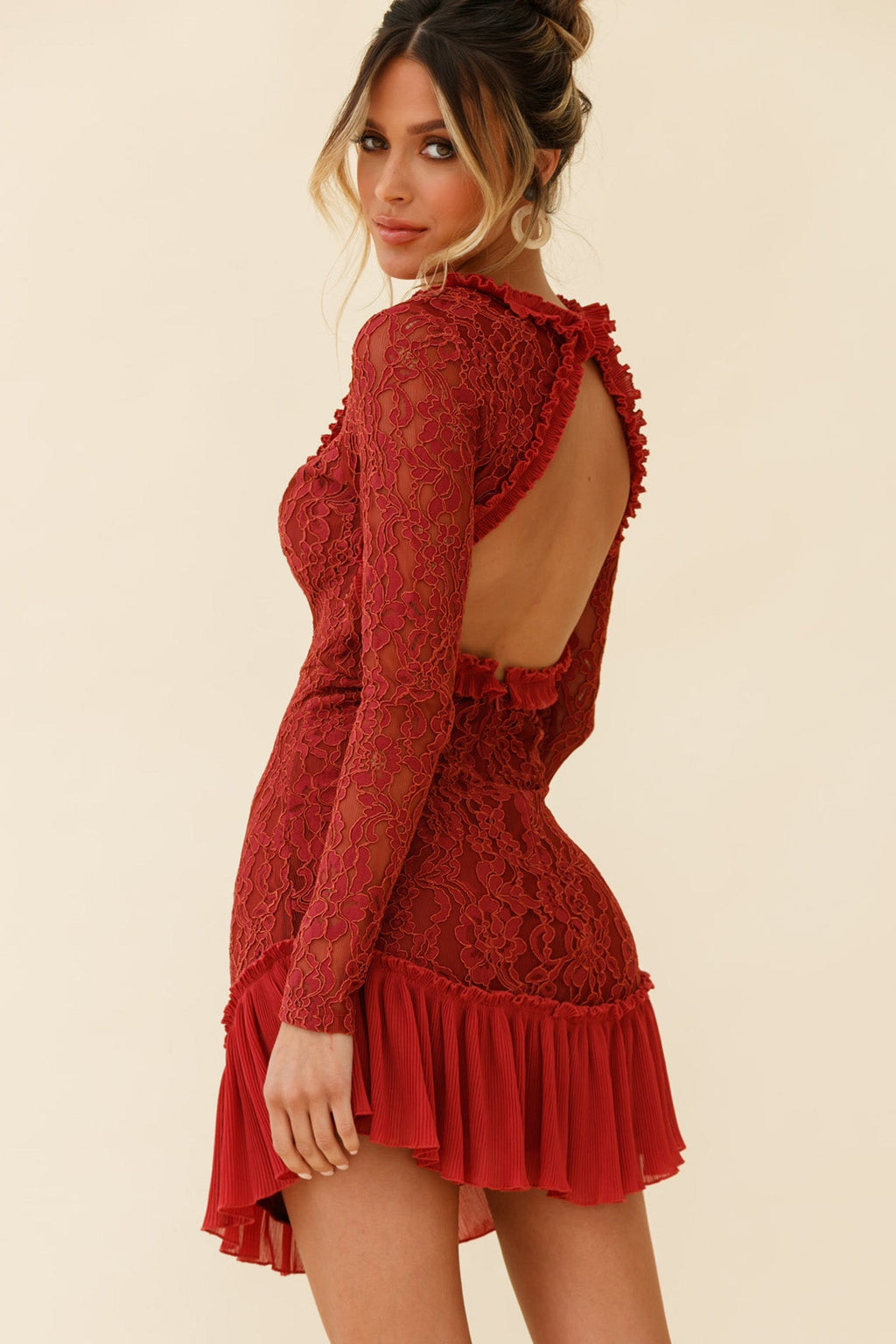Isabella Long Sleeve Open Back Lace Dress Antique Rose by Selfie Leslie
