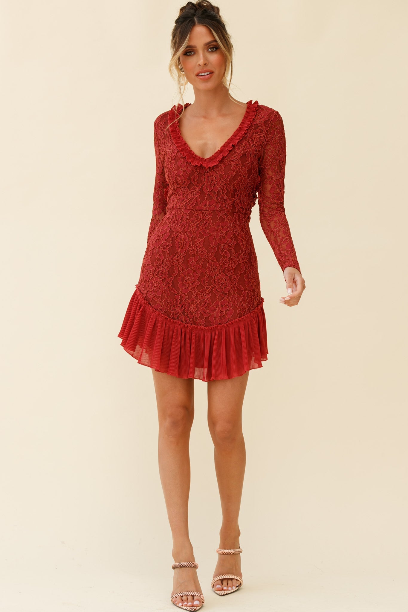 Isabella Long Sleeve Open Back Lace Dress Antique Rose by Selfie Leslie