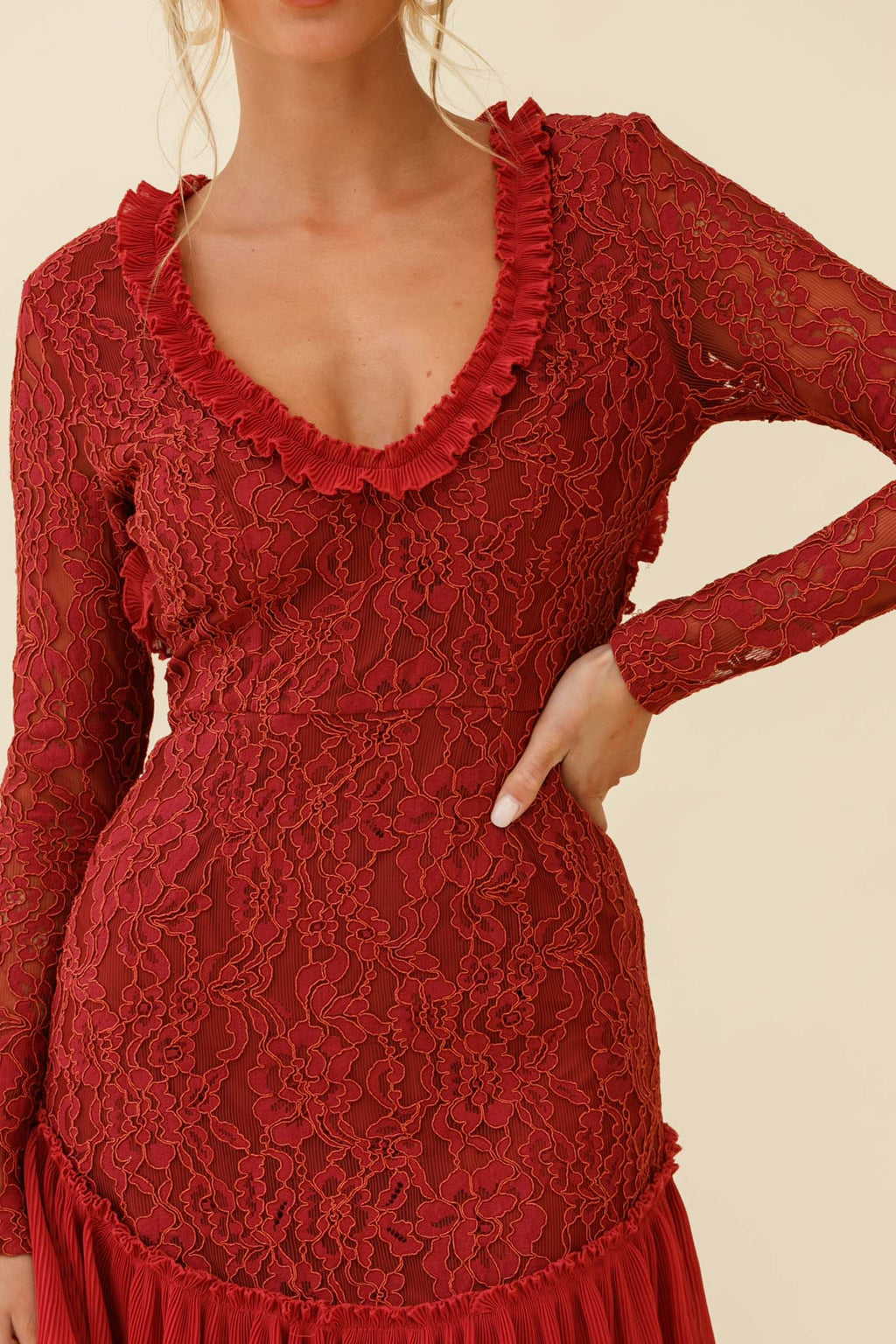 Isabella Long Sleeve Open Back Lace Dress Antique Rose by Selfie Leslie