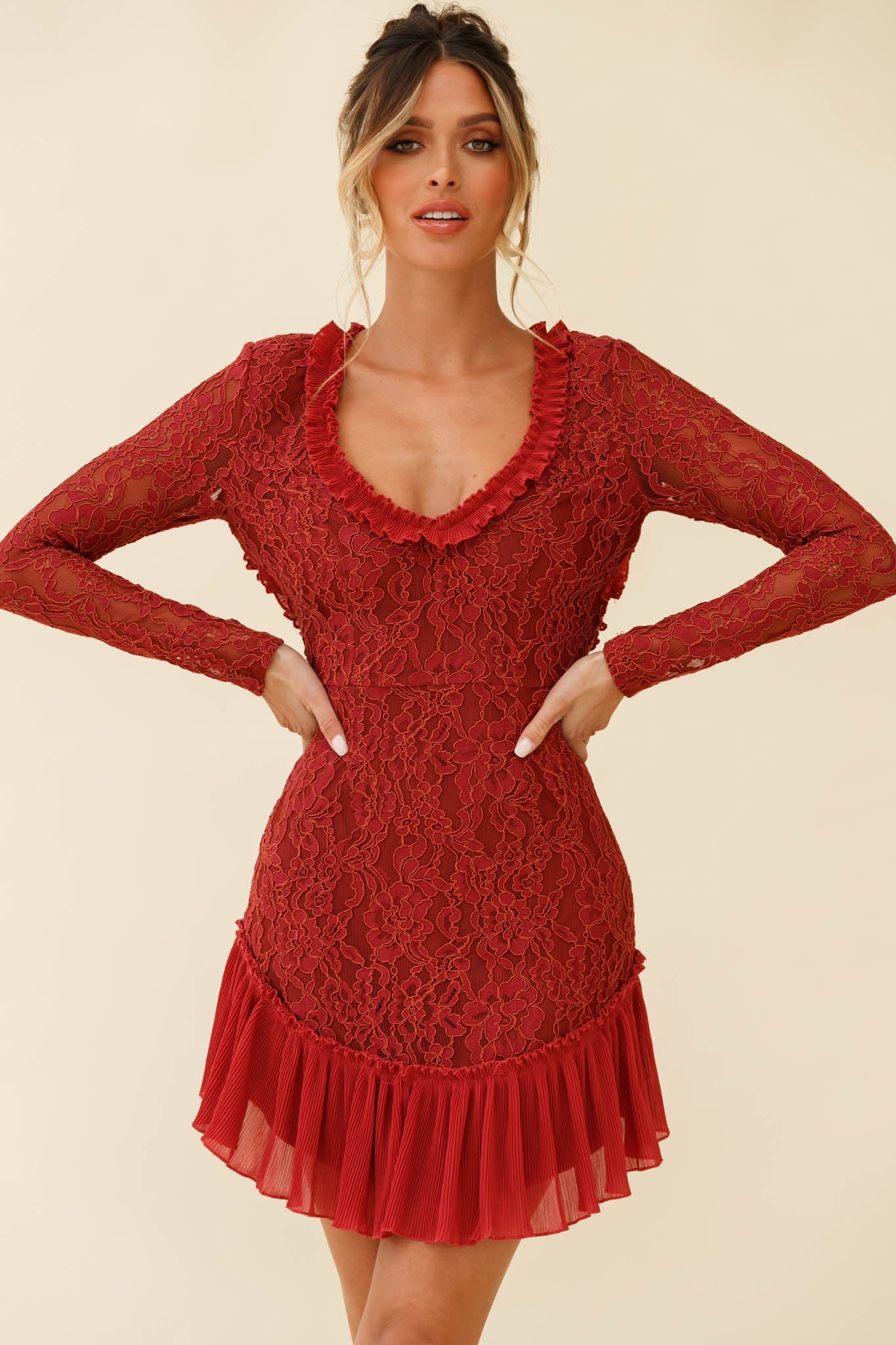 Isabella Long Sleeve Open Back Lace Dress Antique Rose by Selfie Leslie