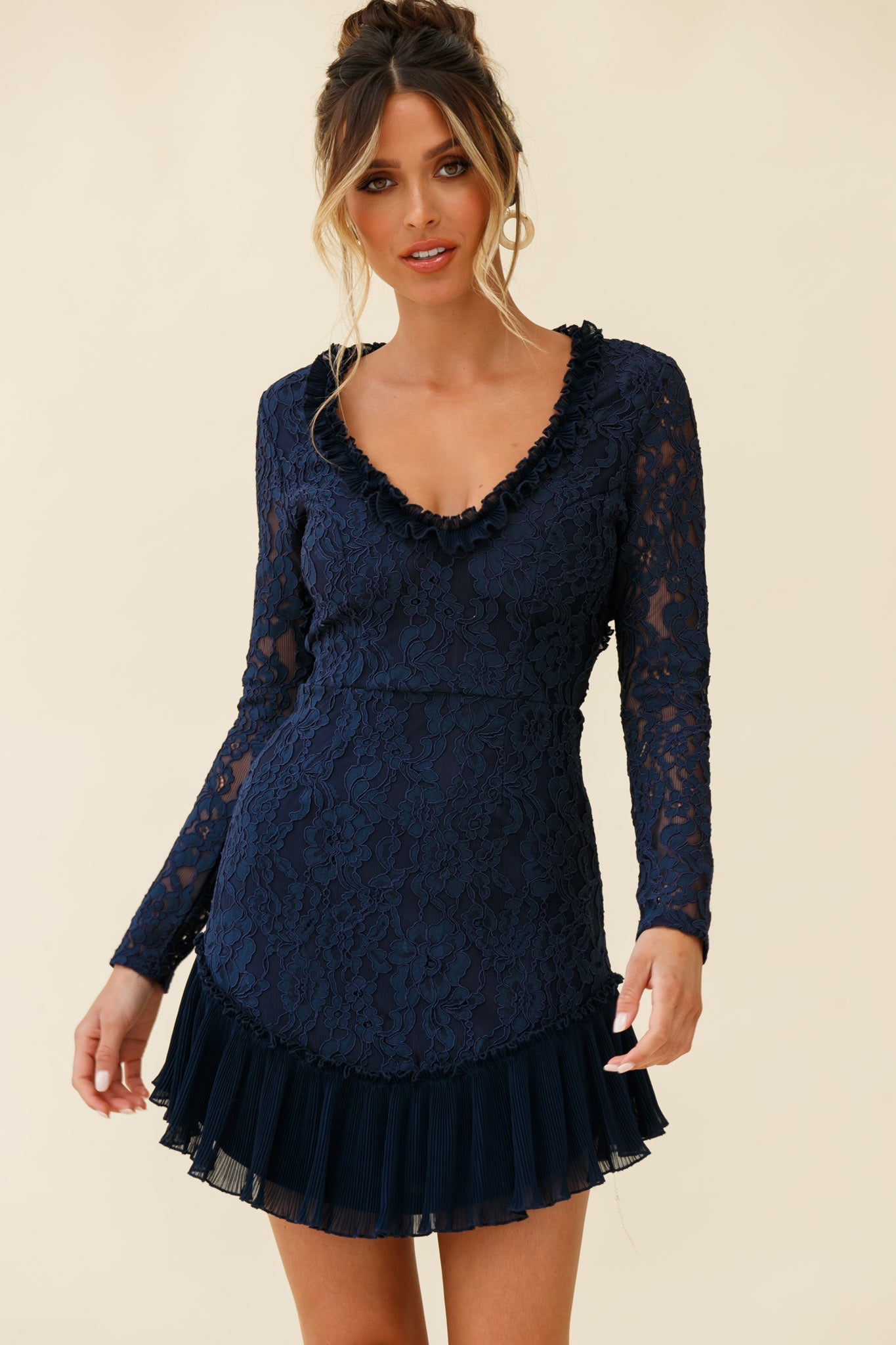 Isabella Long Sleeve Open Back Lace Dress Navy by Selfie Leslie