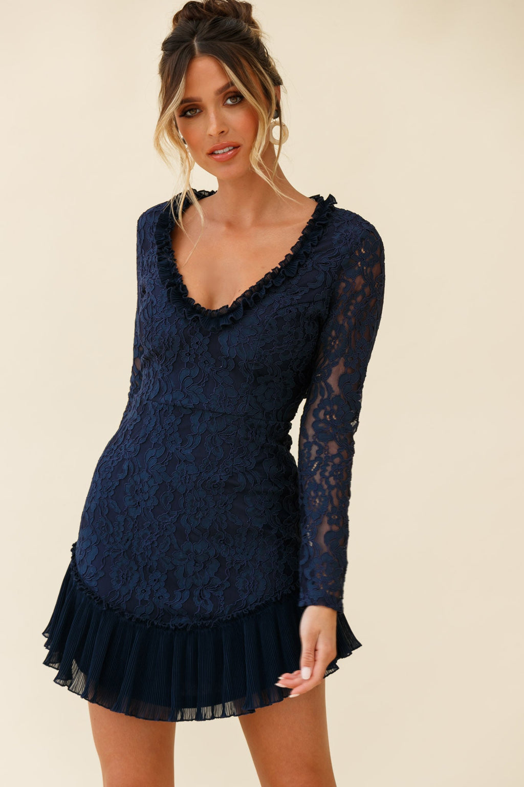 Isabella Long Sleeve Open Back Lace Dress Navy by Selfie Leslie