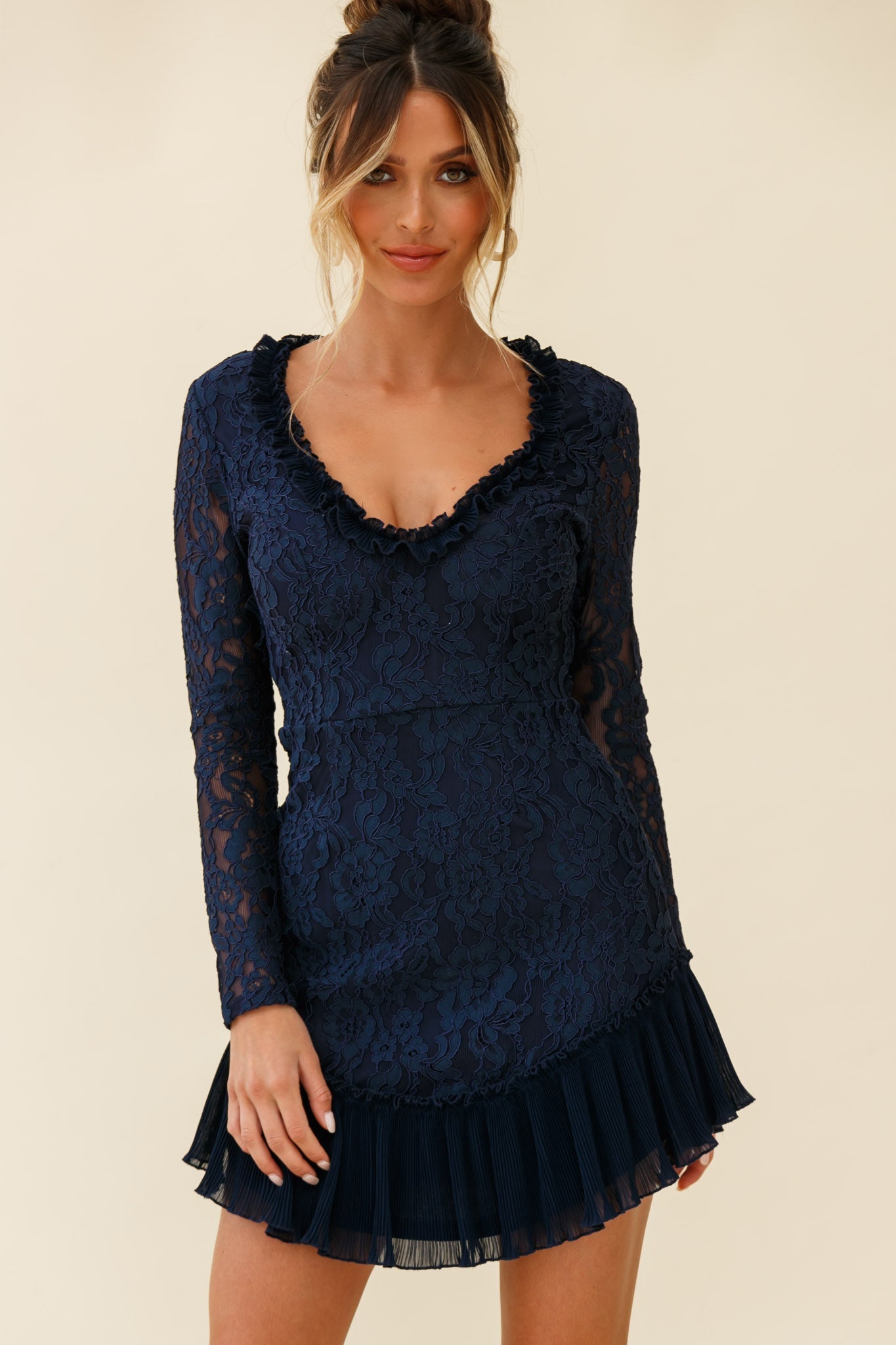 Isabella Long Sleeve Open Back Lace Dress Navy by Selfie Leslie