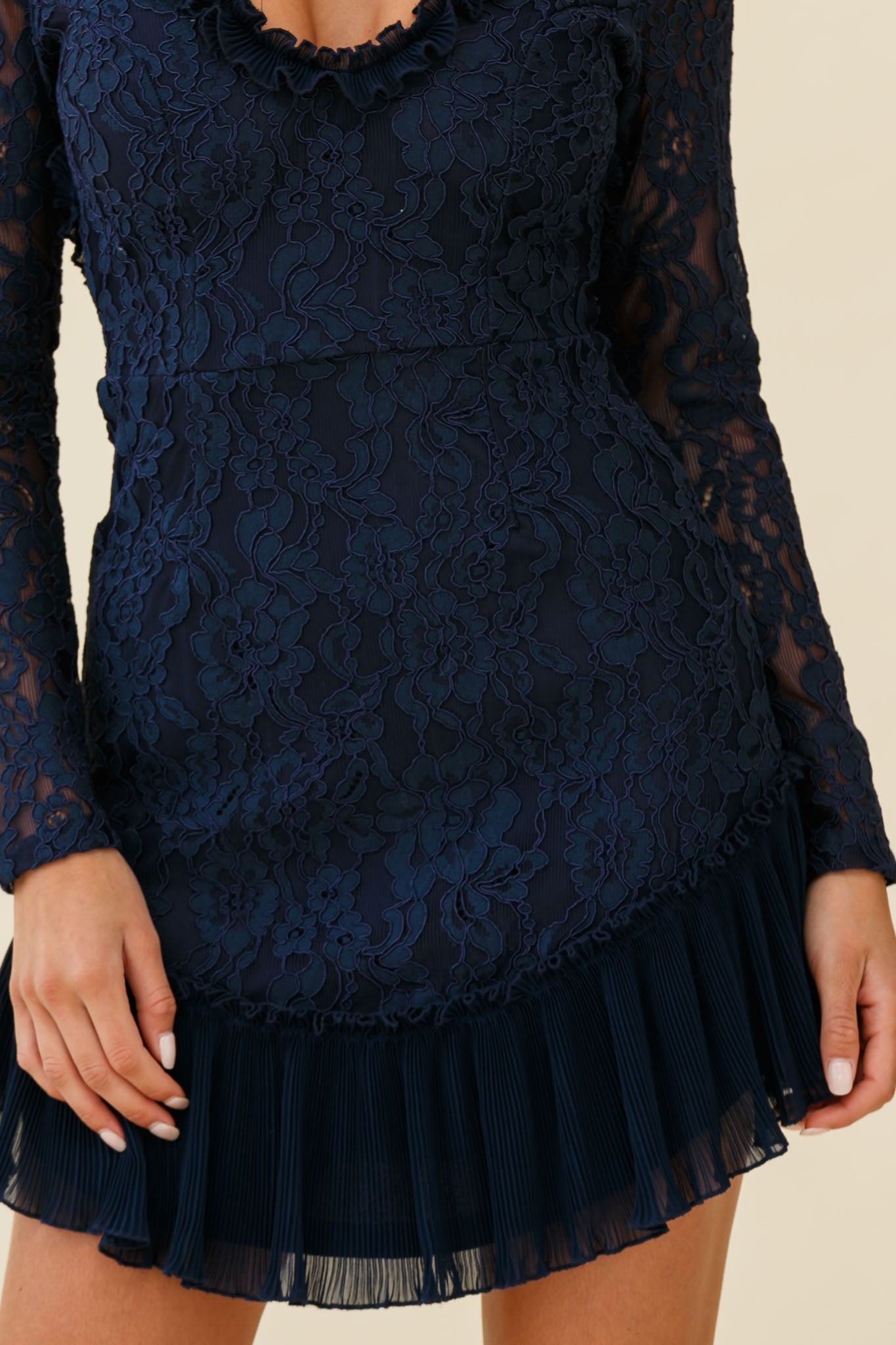 Isabella Long Sleeve Open Back Lace Dress Navy by Selfie Leslie