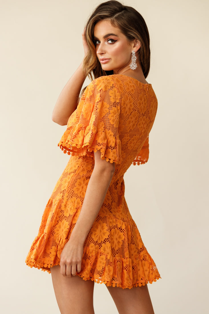 Alaia Short Fluted Sleeve Crochet Lace Dress Sunset by Selfie Leslie