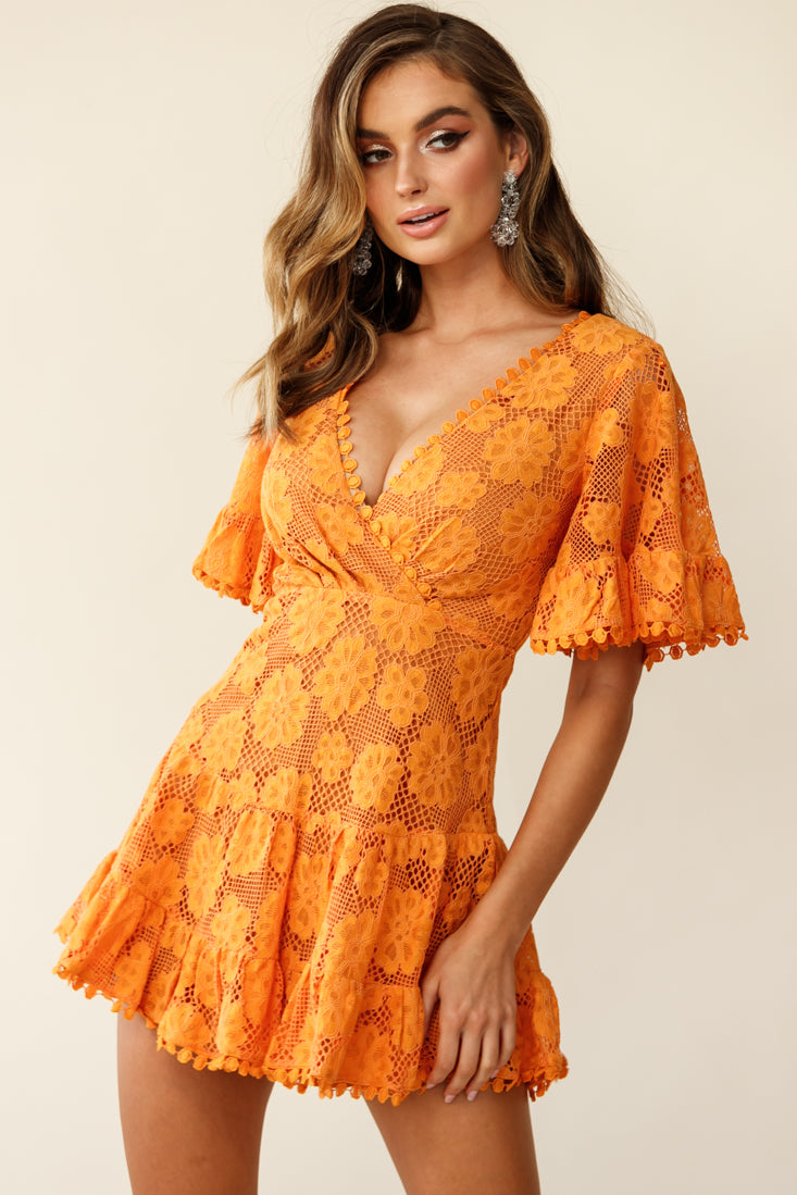 Alaia Short Fluted Sleeve Crochet Lace Dress Sunset by Selfie Leslie