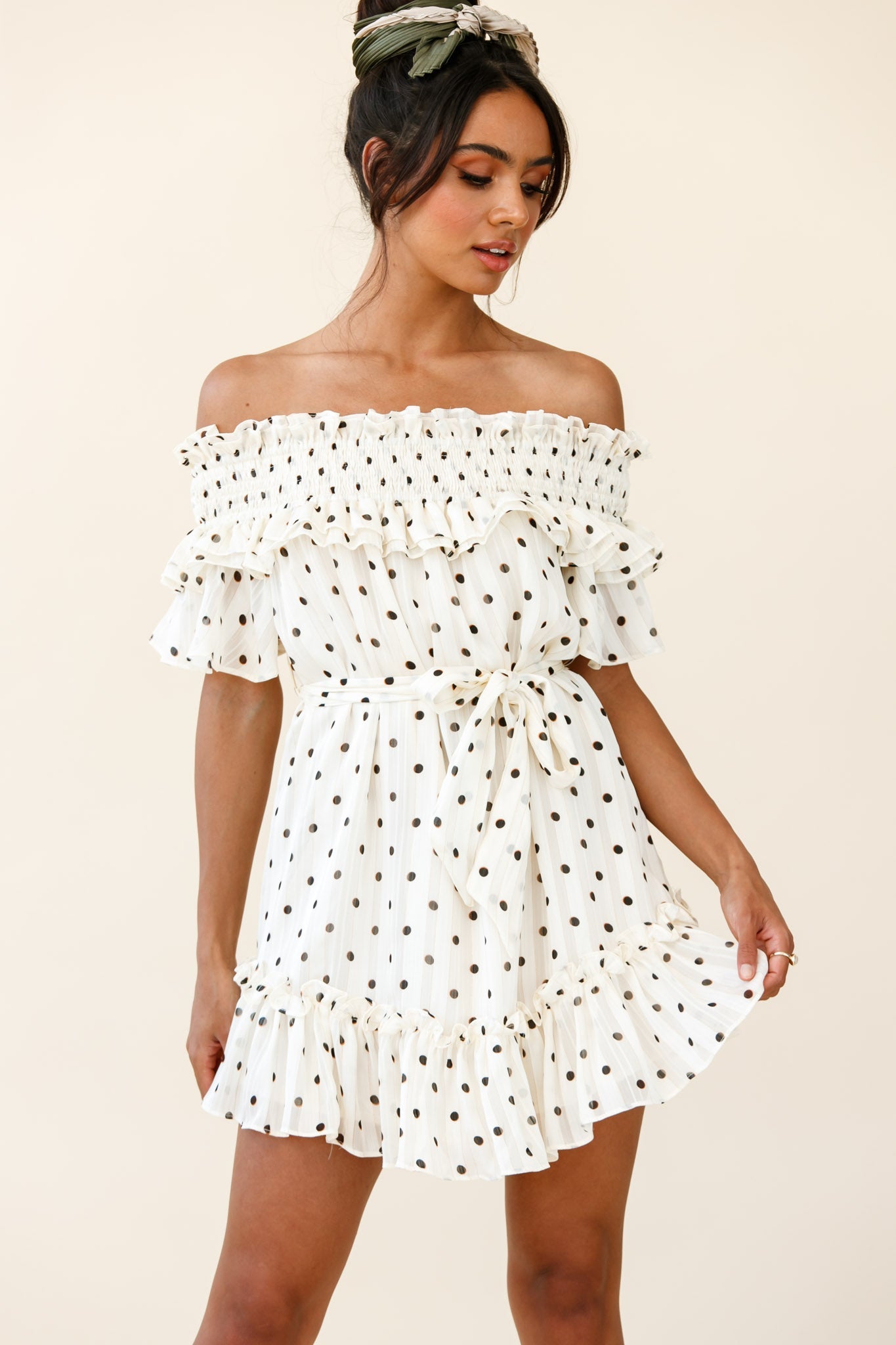 Rita Shirred Off-Shoulder Dress Polka Dot Print White by Selfie Leslie