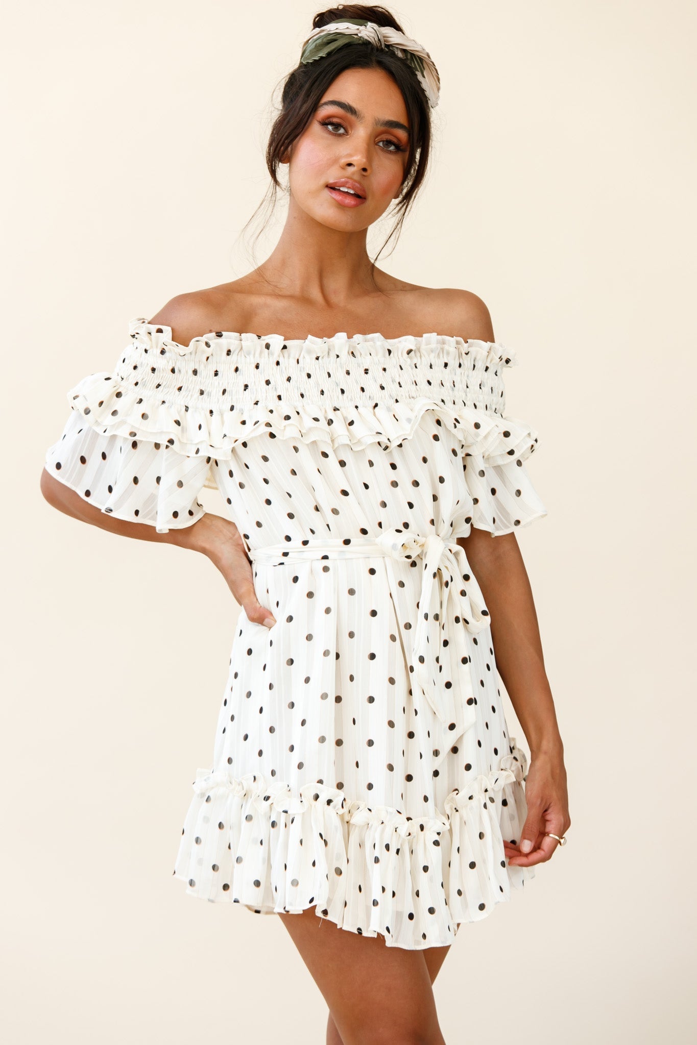 Rita Shirred Off-Shoulder Dress Polka Dot Print White by Selfie Leslie