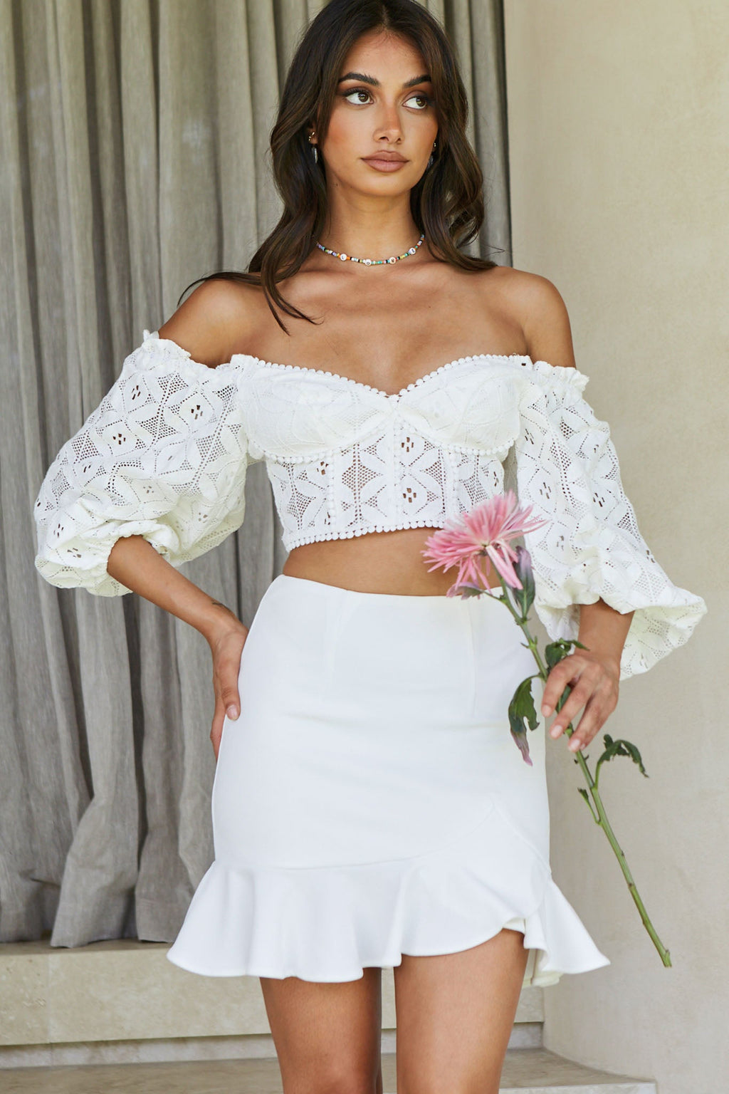 Talk About Me Puff Half Sleeve Circle Trim Crop Top White by Selfie Leslie