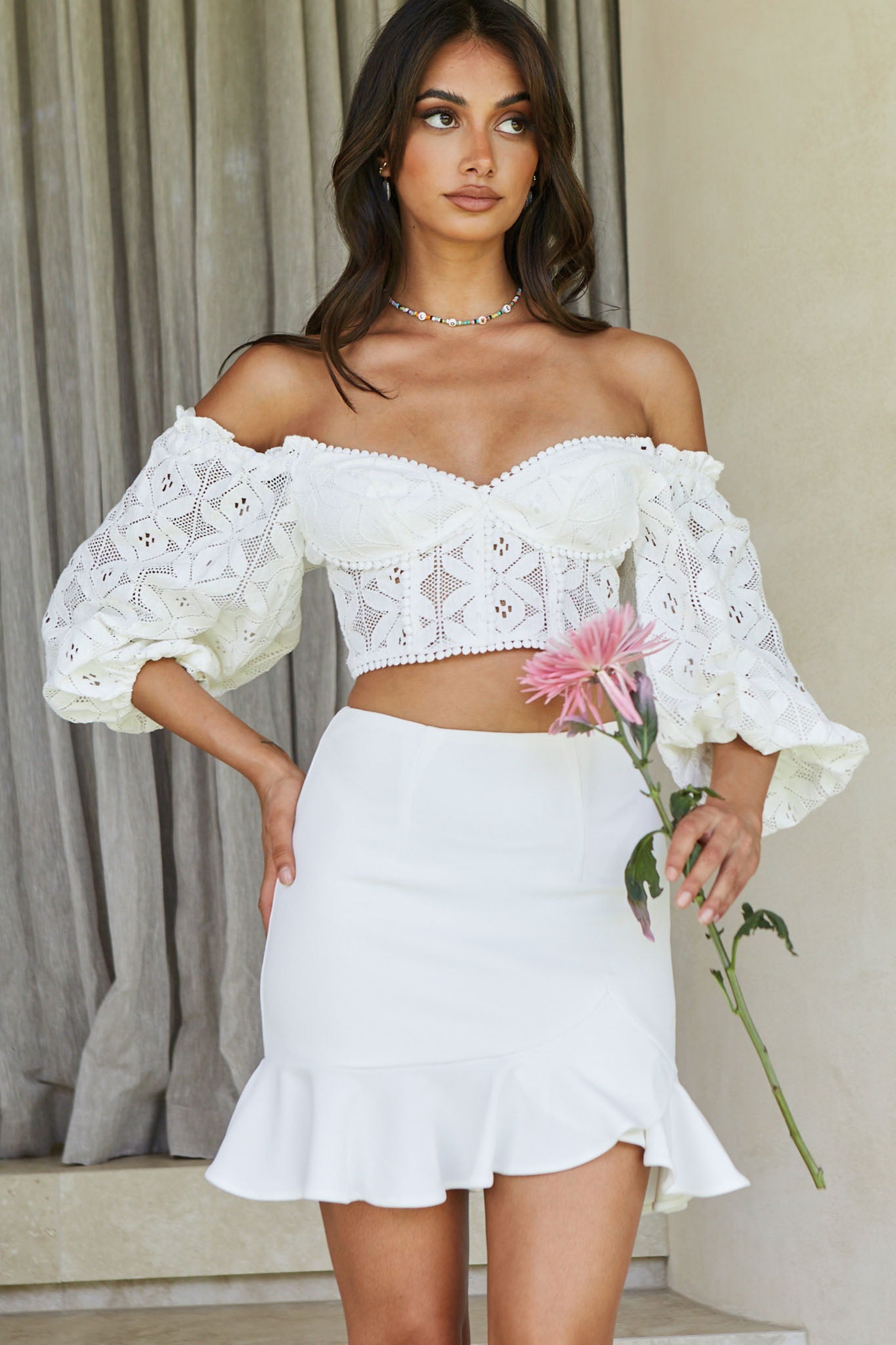 Talk About Me Puff Half Sleeve Circle Trim Crop Top White by Selfie Leslie