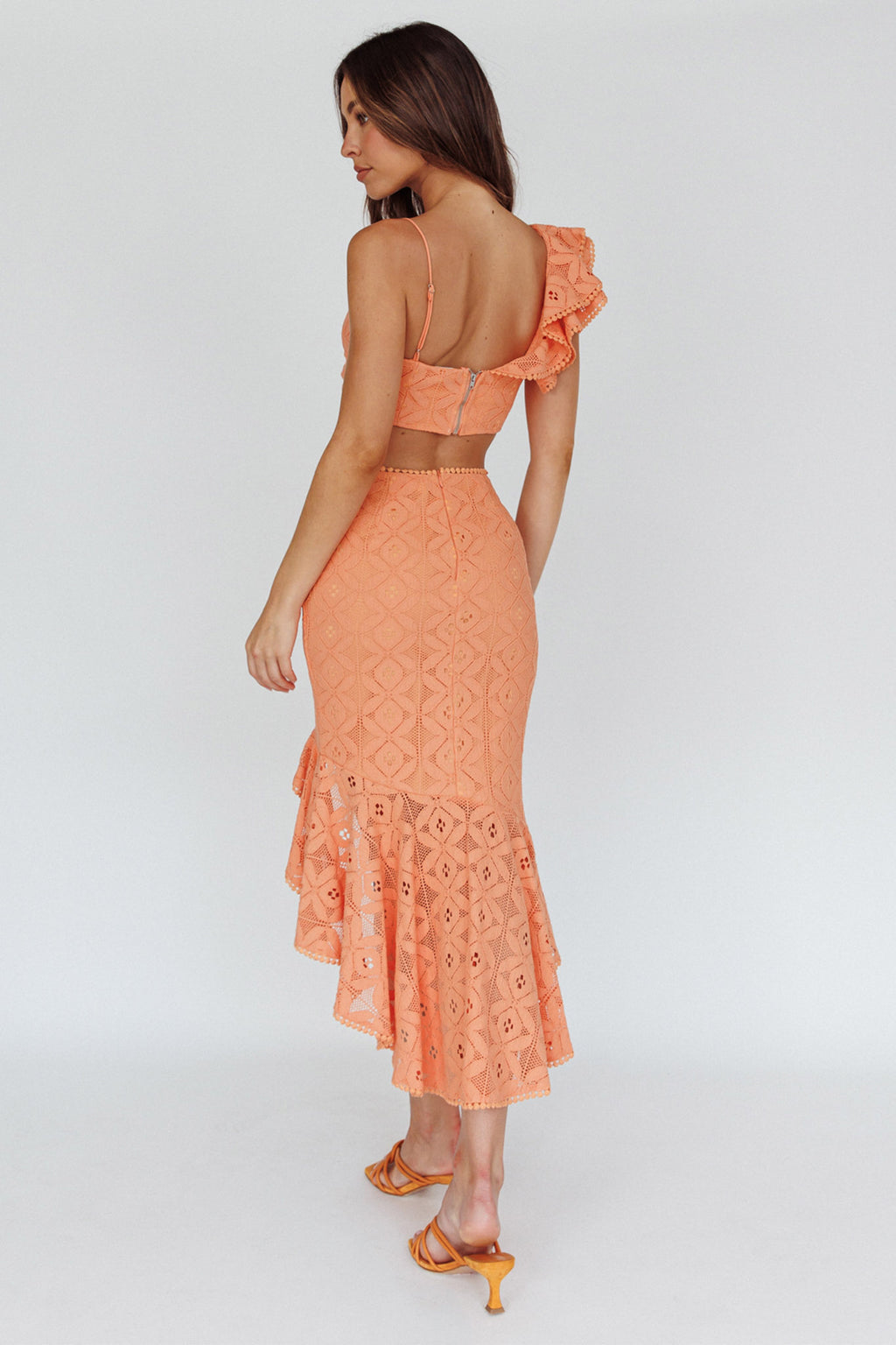 Talk About Me Asymmetrical Ruffle Hem Midi Skirt Apricot by Selfie Leslie Australia