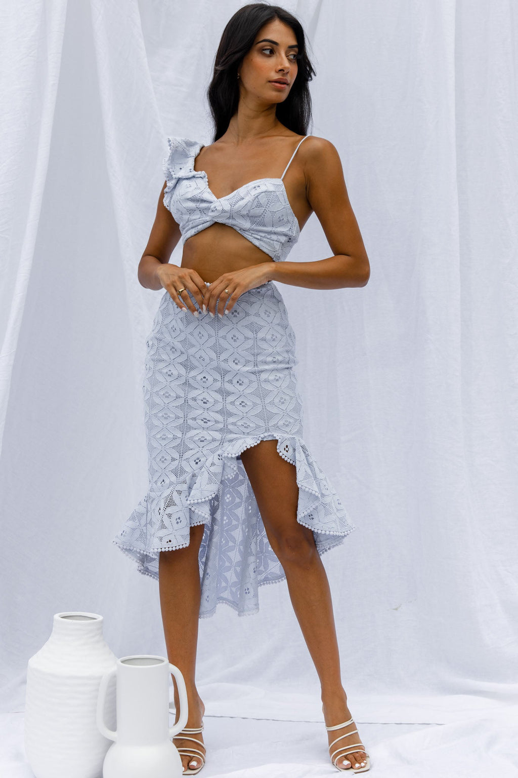Talk About Me Asymmetrical Ruffle Hem Midi Skirt Steel Blue by Selfie Leslie