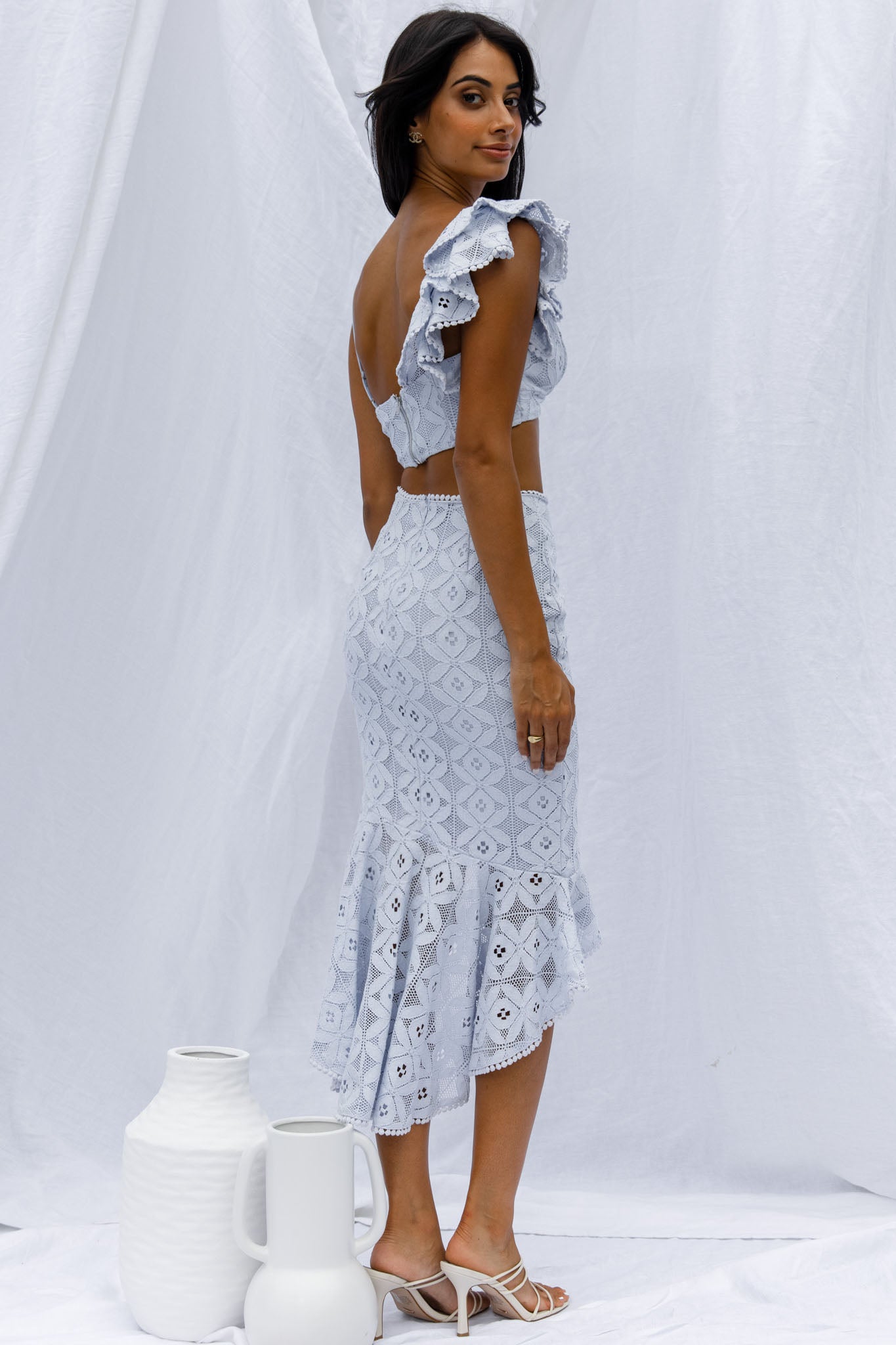 Talk About Me Asymmetrical Ruffle Hem Midi Skirt Steel Blue by Selfie Leslie