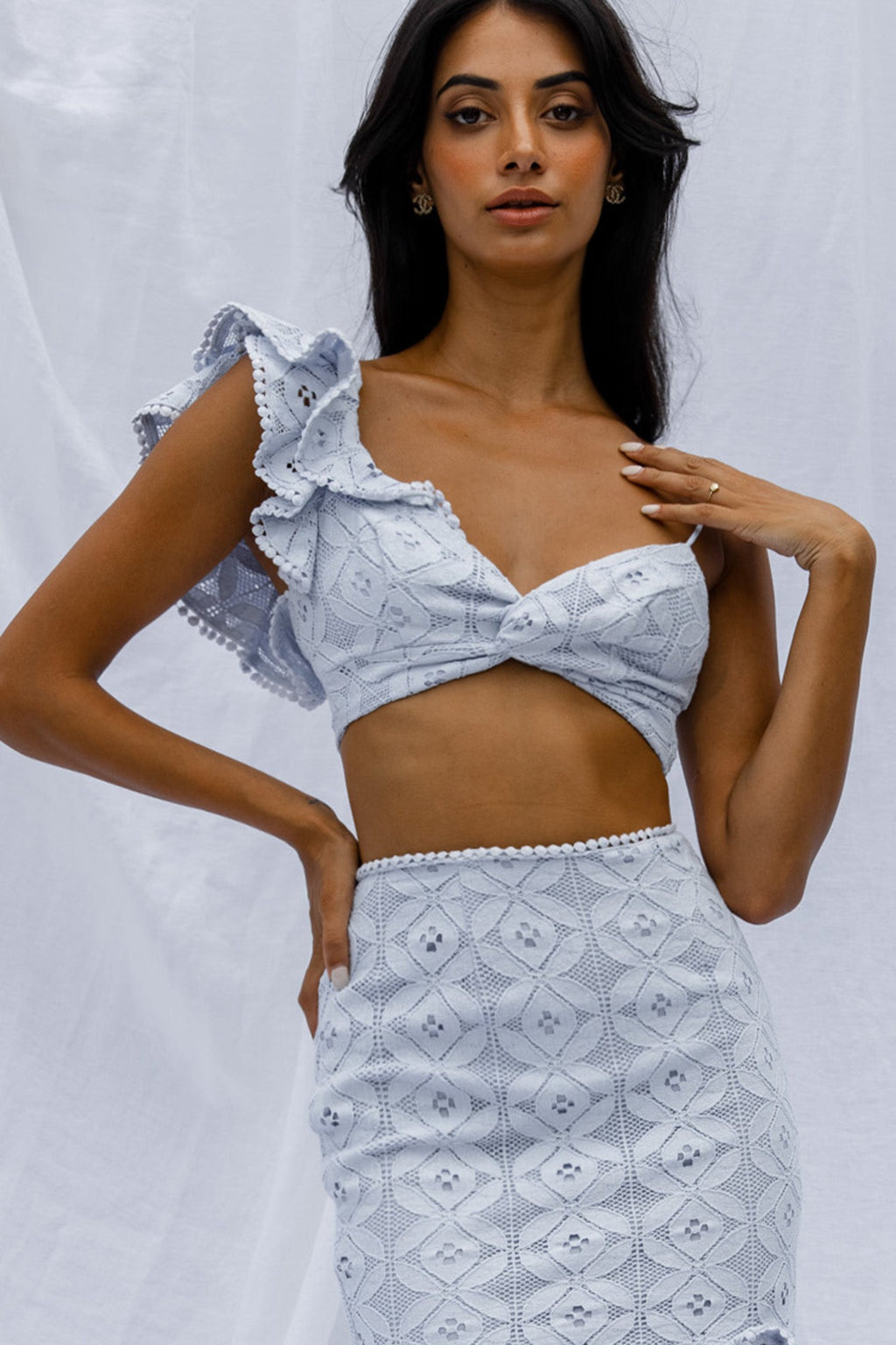 Talk About Me Ruffle Shoulder Twist Bust Crop Top Steel Blue by Selfie Leslie