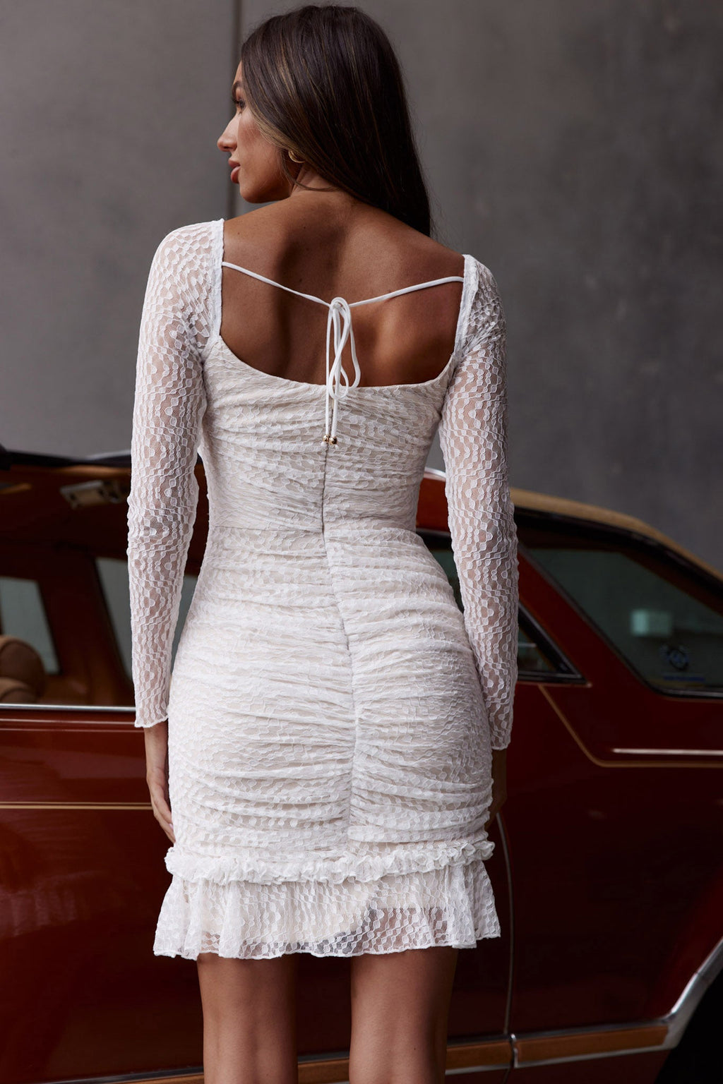 Tamara V-Neckline Ruched Long Sleeve Lace Mesh Dress White by Selfie Leslie