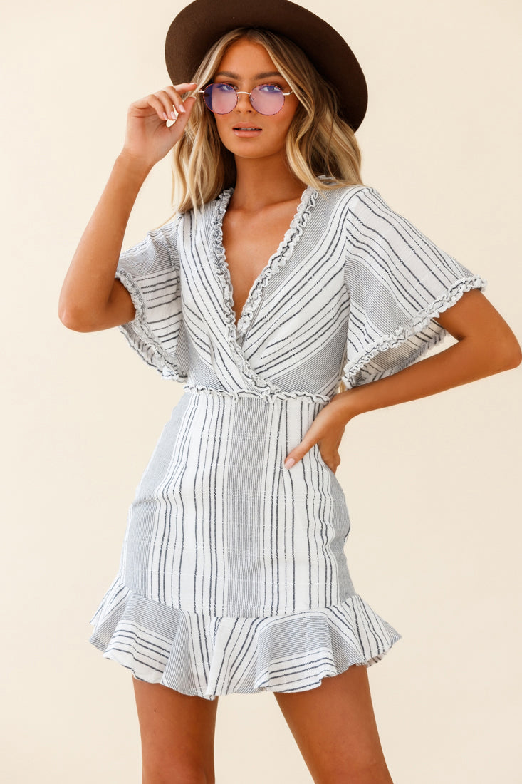 Ochre Open Back Bow Detail Dress Stripe Pattern White/Navy by Selfie Leslie