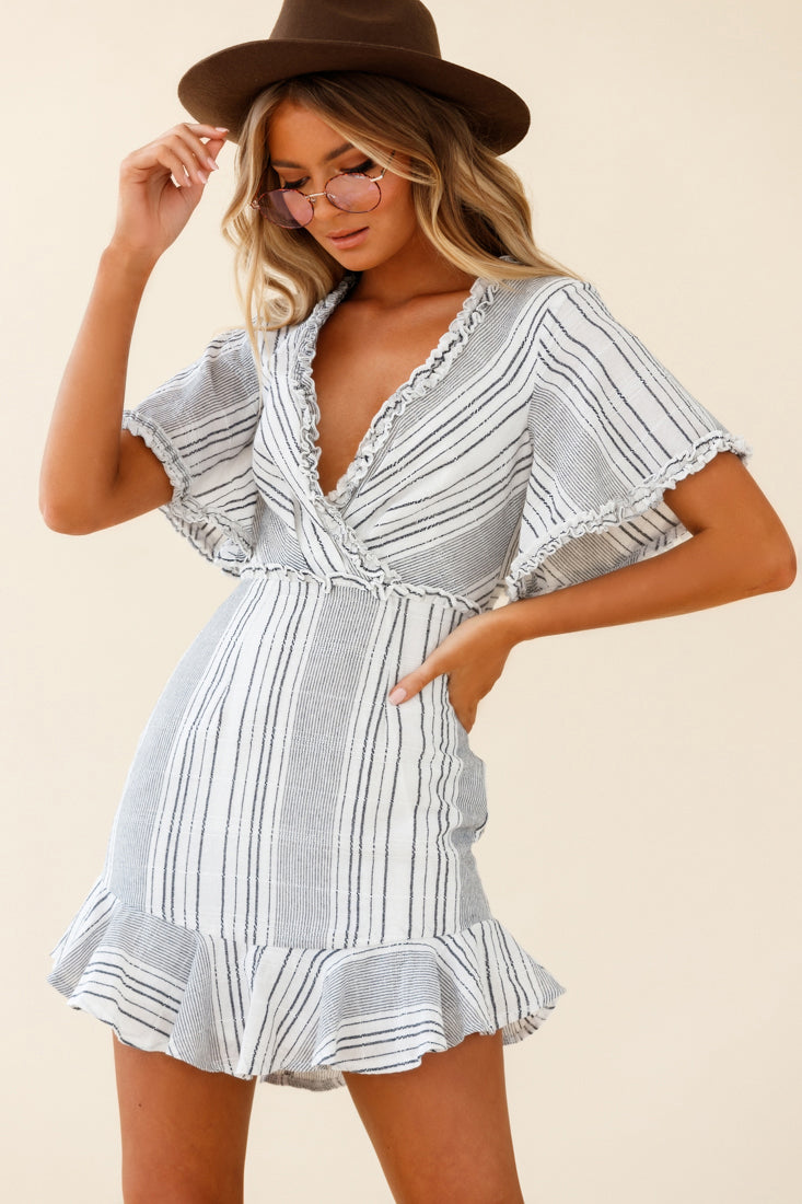 Ochre Open Back Bow Detail Dress Stripe Pattern White/Navy by Selfie Leslie