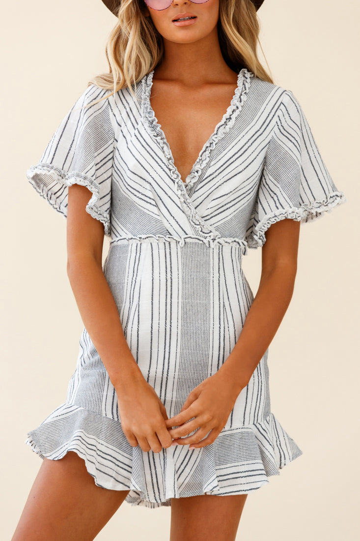 Ochre Open Back Bow Detail Dress Stripe Pattern White/Navy by Selfie Leslie