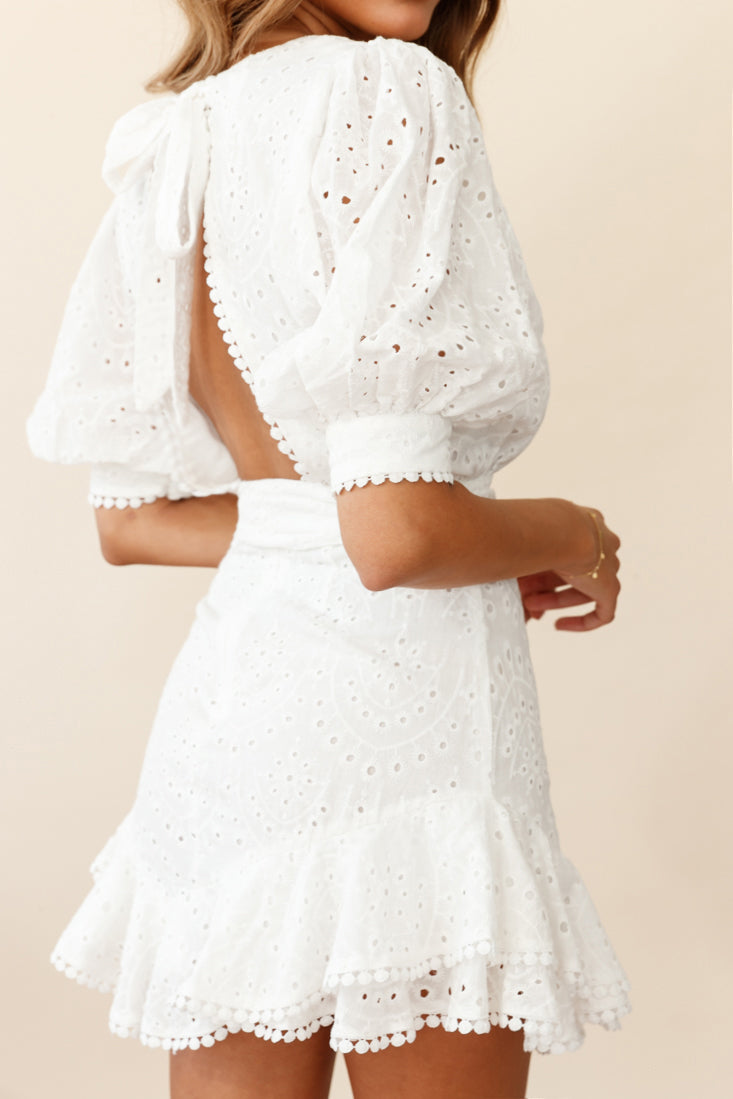 Ruth Puff Sleeve Open Back Broderie Anglaise Dress White by Selfie Leslie
