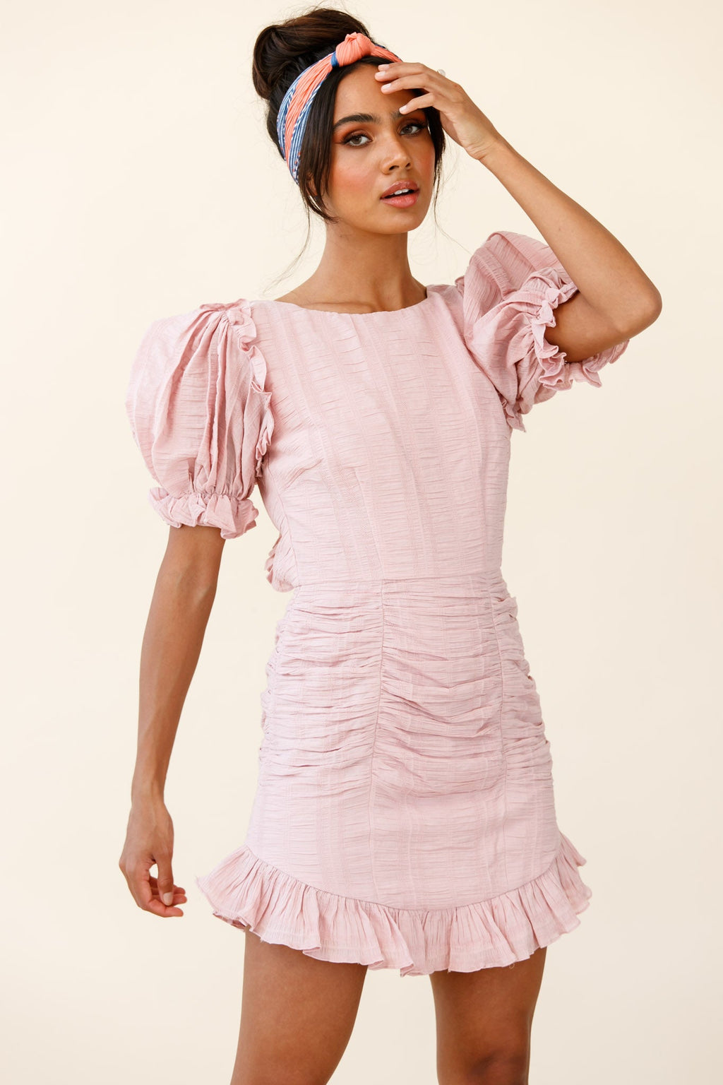 Icing On The Cake Open Back Ruched Dress Blush by Selfie Leslie