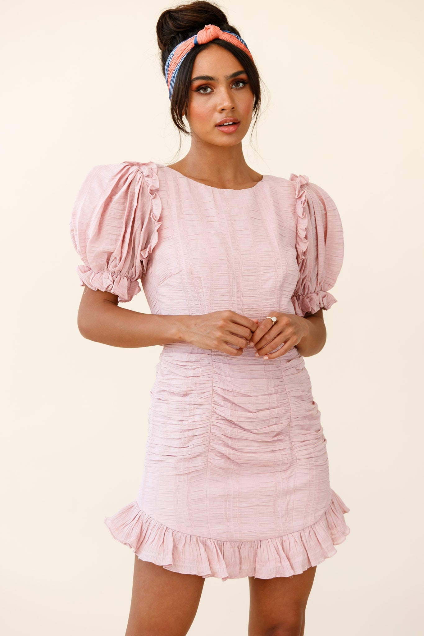 Icing On The Cake Open Back Ruched Dress Blush by Selfie Leslie