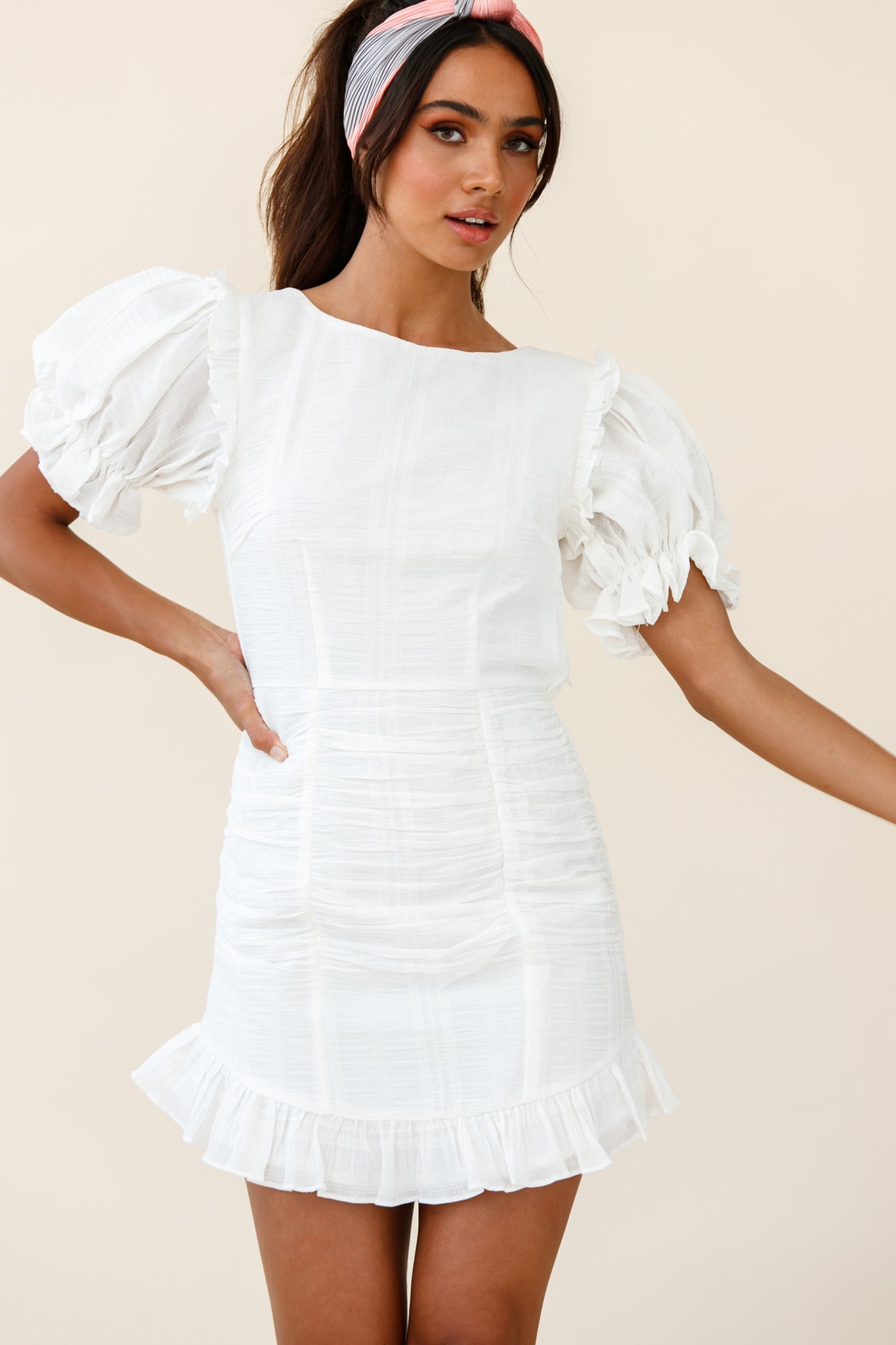 Icing On The Cake Open Back Ruched Dress White by Selfie Leslie