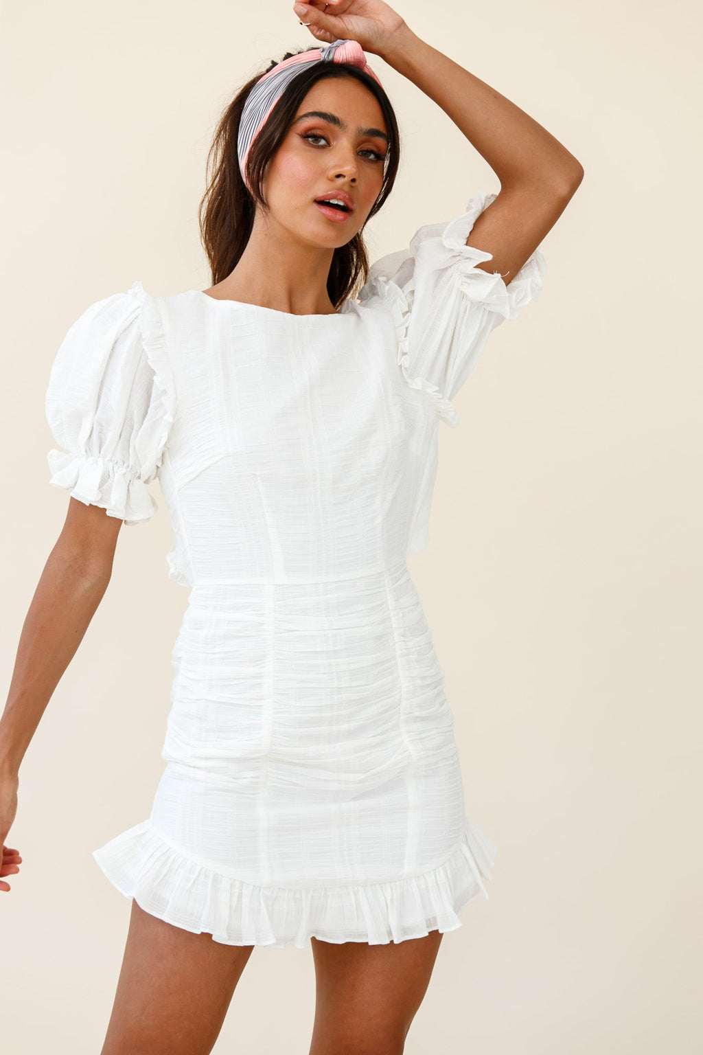 Icing On The Cake Open Back Ruched Dress White by Selfie Leslie