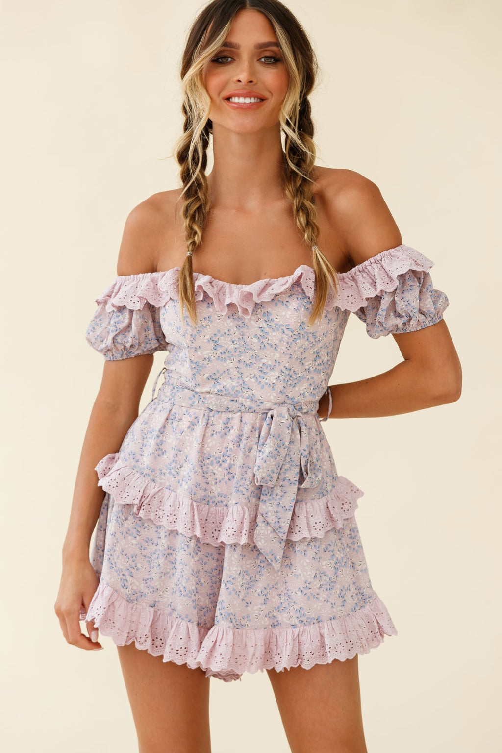 Tulsa Off Shoulder Waist Tie Frill Romper Floral Print Pink by Selfie Leslie