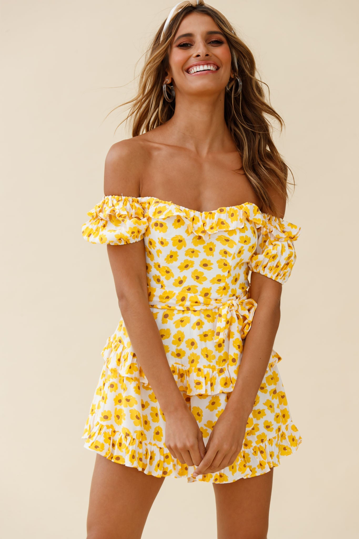 Tulsa Off Shoulder Waist Tie Frill Romper Floral Print White/Yellow by Selfie Leslie