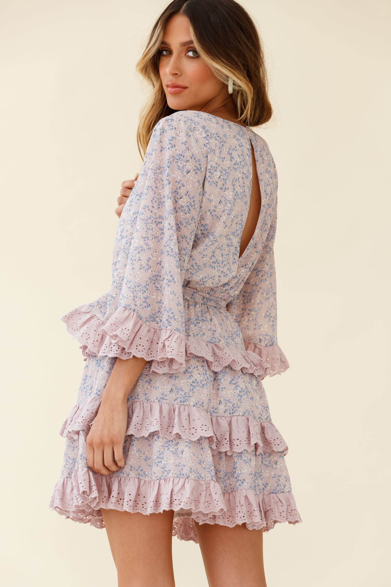 Tulsa 3/4 Sleeve Waist Tie Frill Dress Floral Print Pink by Selfie Leslie