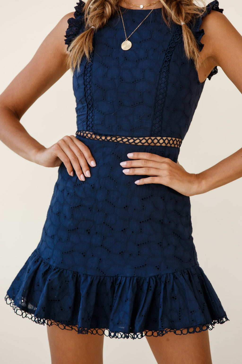 Reaching For Stars Corset Back Broderie Anglaise Dress Navy by Selfie Leslie