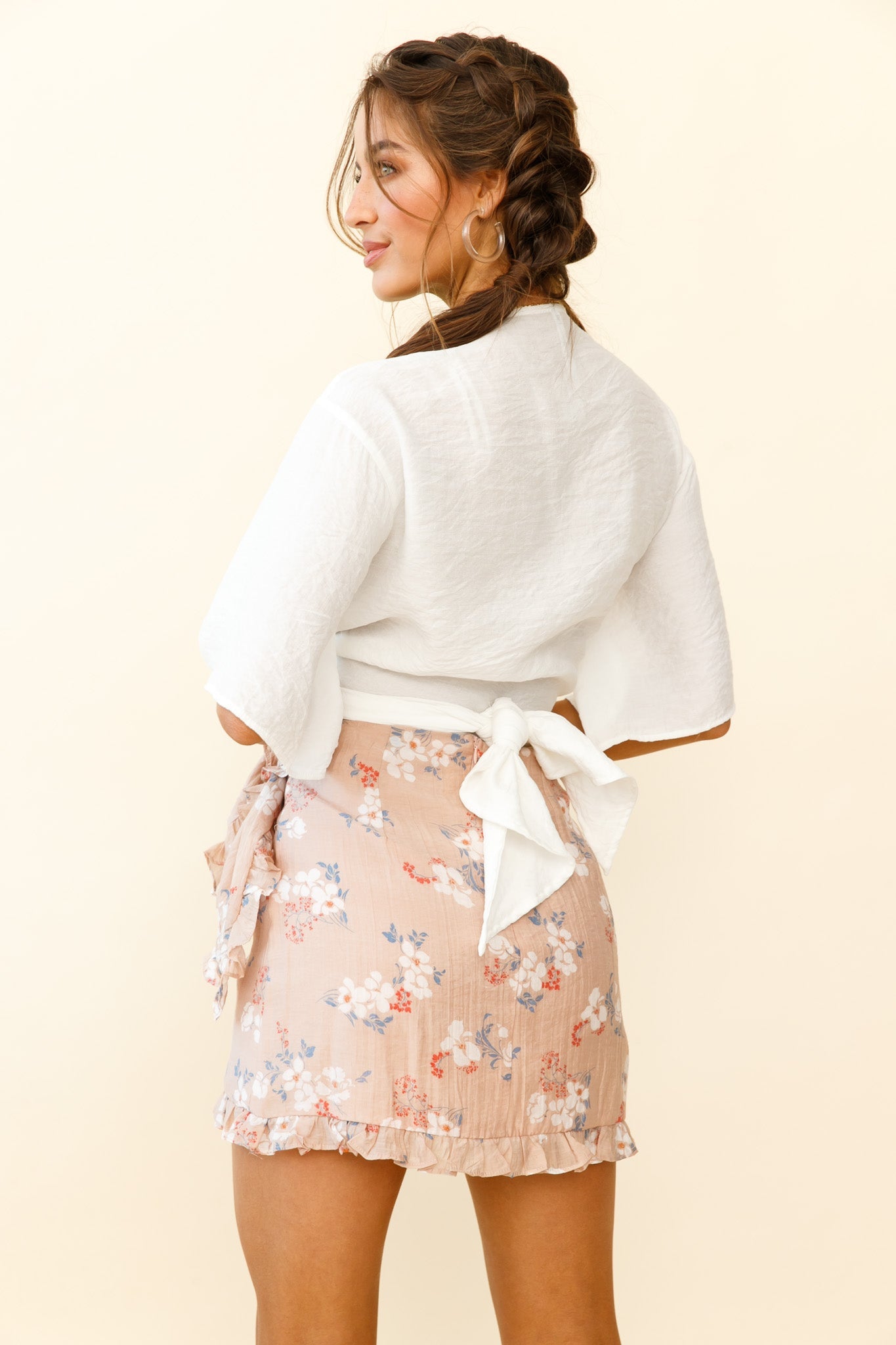 Liana Frill Trim Wrap Style Skirt Floral Print Mocha by Selfie Leslie
