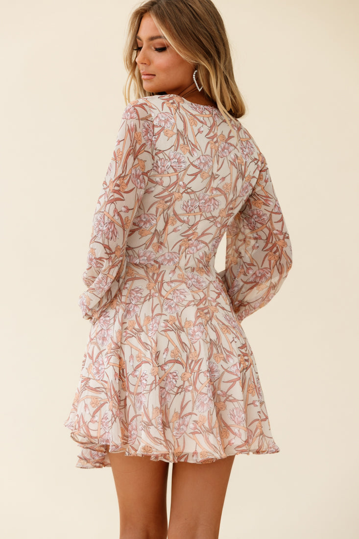 Jessinta Long Sleeve Pintuck Waist Dress Floral Print Nude by Selfie Leslie