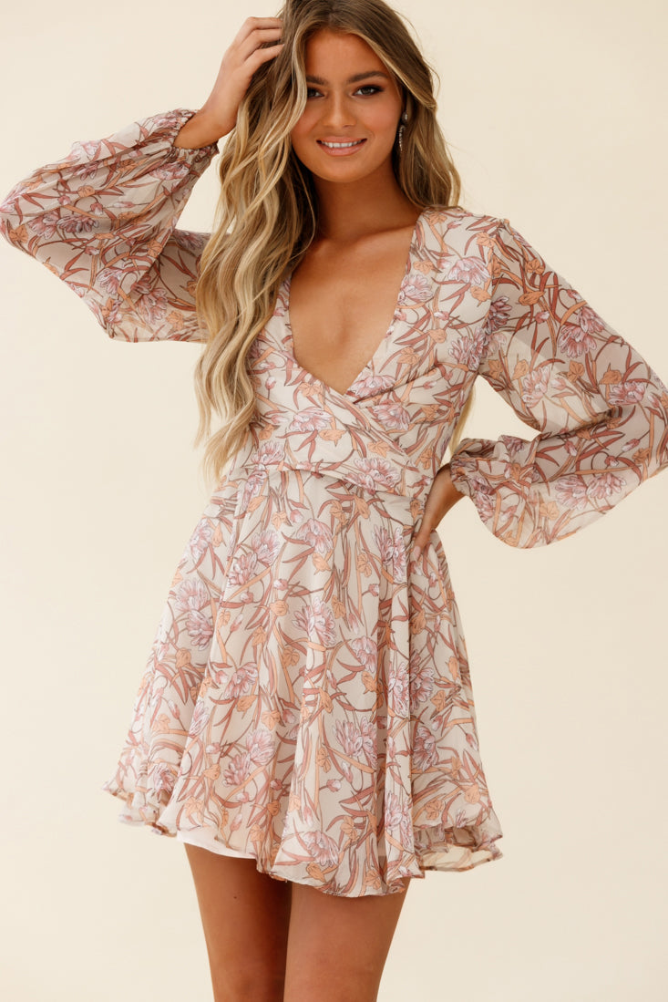 Jessinta Long Sleeve Pintuck Waist Dress Floral Print Nude by Selfie Leslie