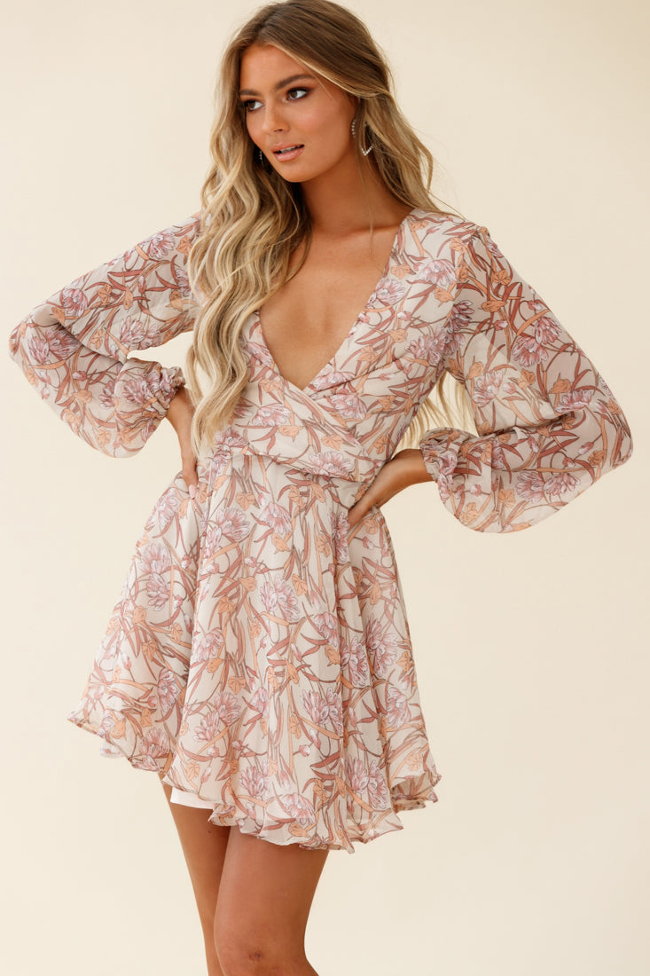 Jessinta Long Sleeve Pintuck Waist Dress Floral Print Nude by Selfie Leslie