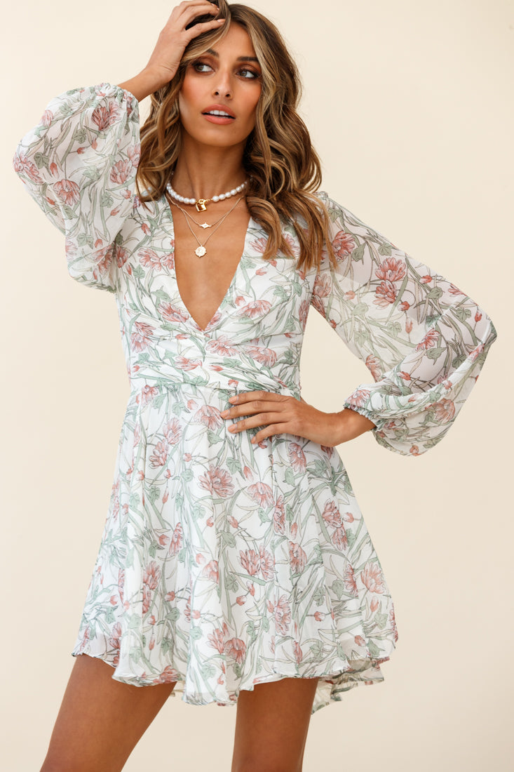 Jessinta Long Sleeve Pintuck Waist Dress Floral Print White by Selfie Leslie