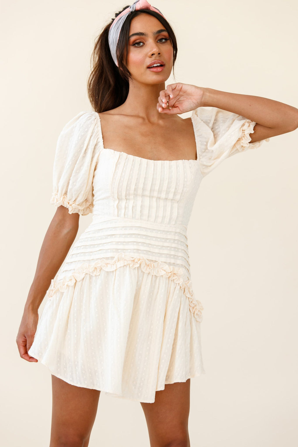 Sunshine Lane Milkmaid Sleeve Lace-up Back Dress Beige by Selfie Leslie