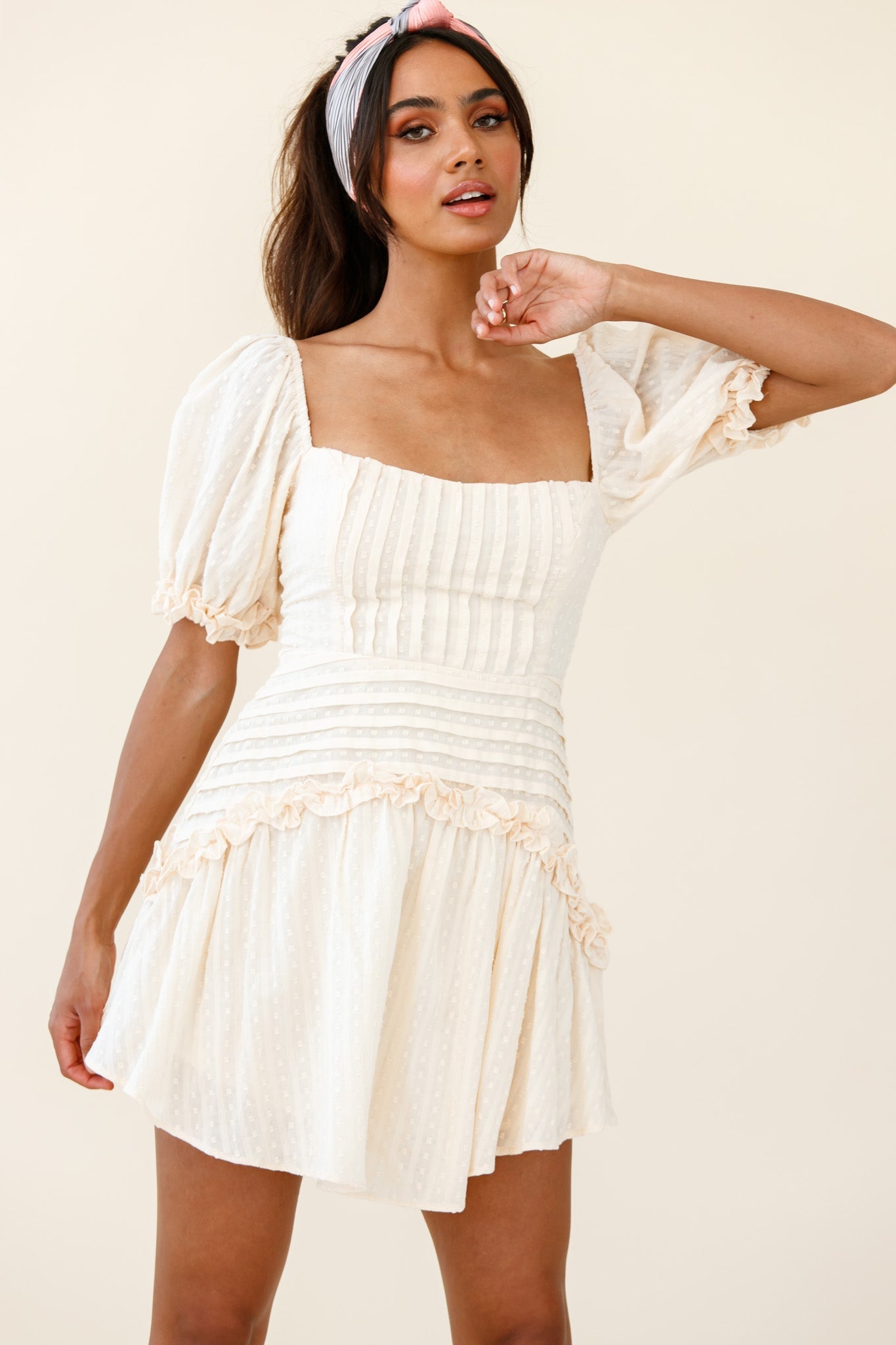 Sunshine Lane Milkmaid Sleeve Lace-up Back Dress Beige by Selfie Leslie