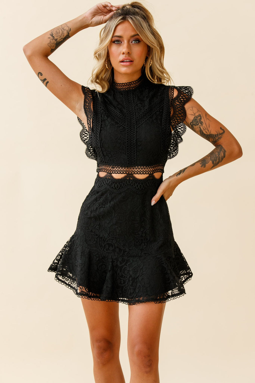 Elisha Crochet Detail Lace Overlay Dress Black by Selfie Leslie