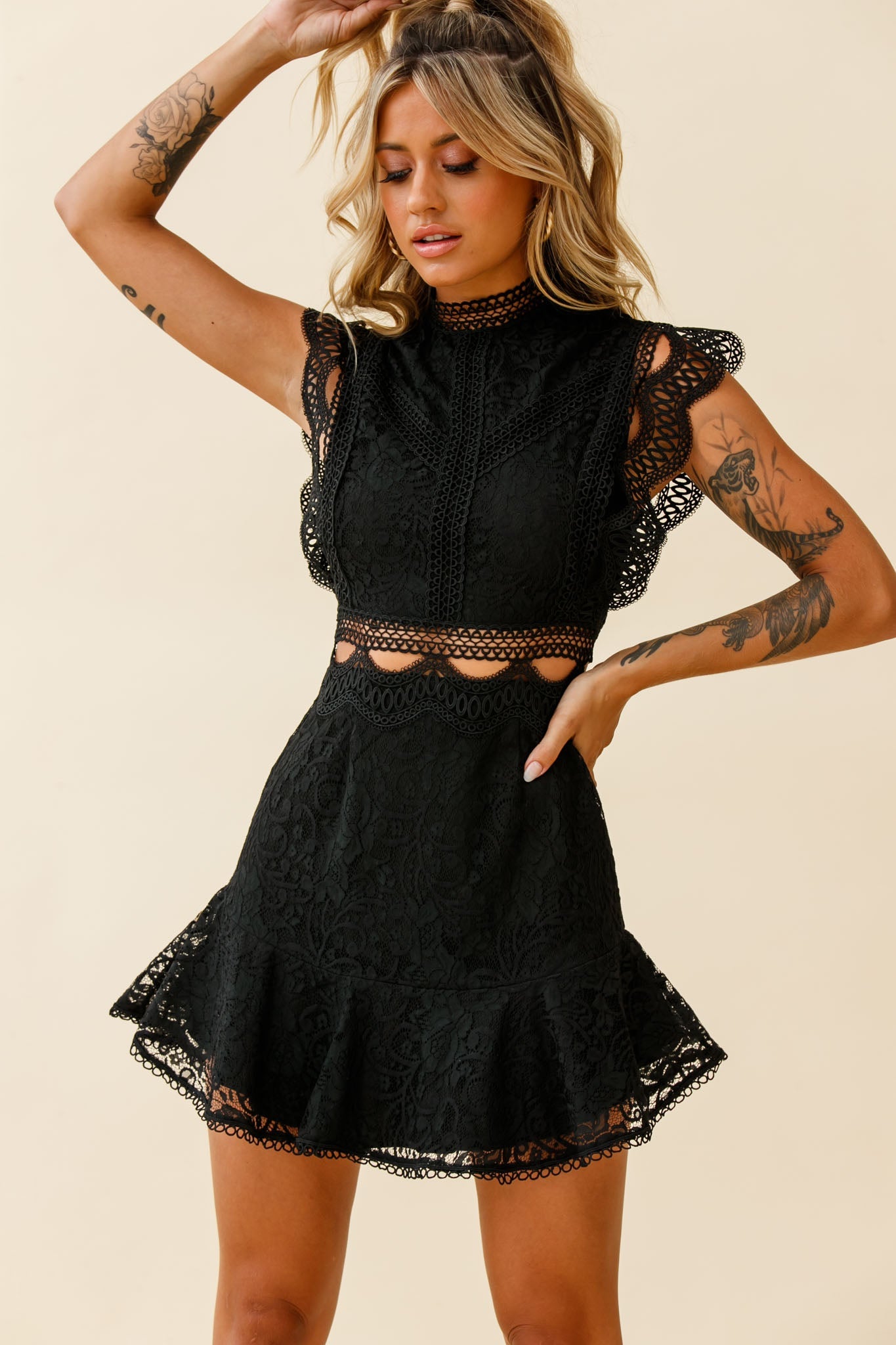Elisha Crochet Detail Lace Overlay Dress Black by Selfie Leslie