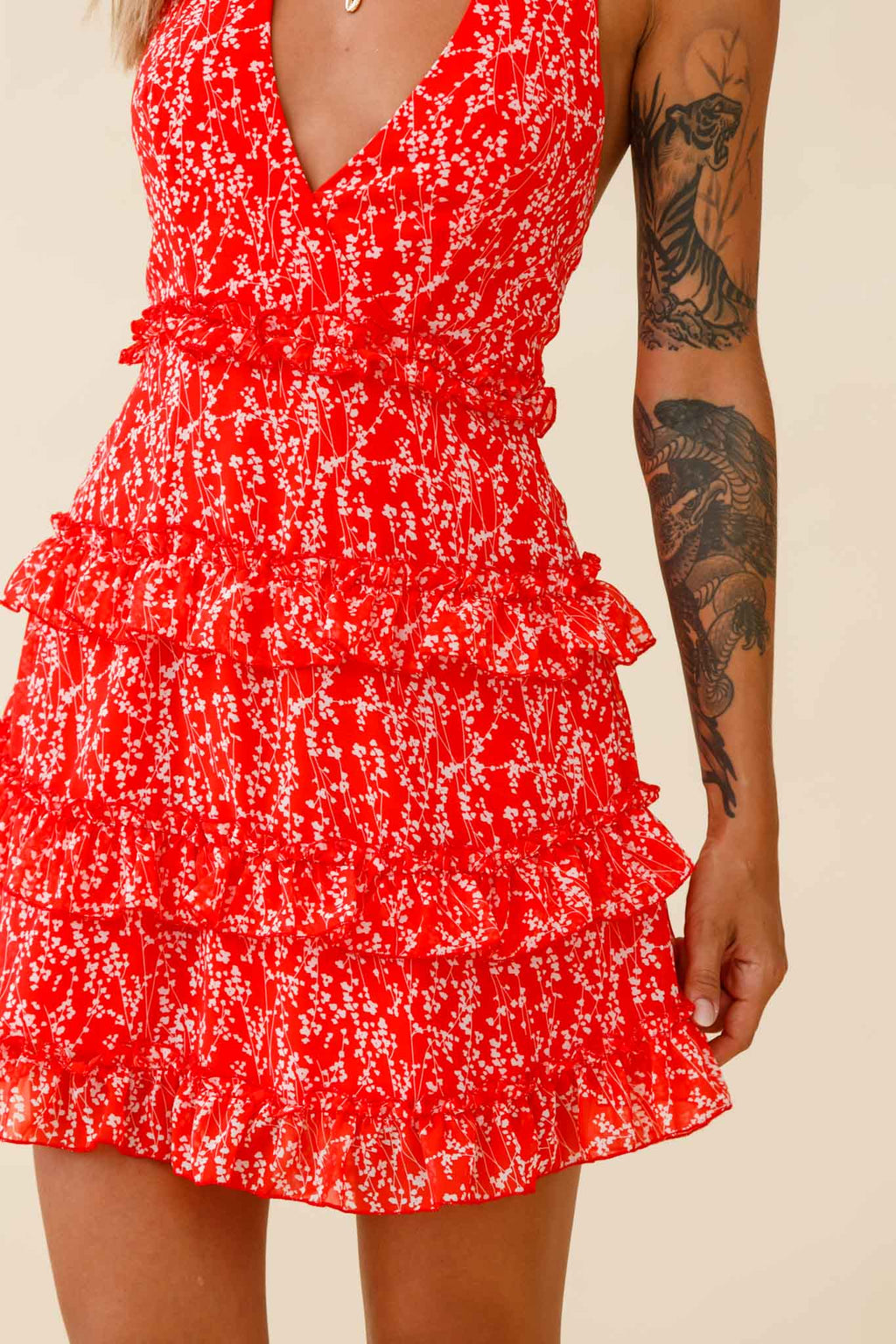 Venezuela Ruffle Trim Tie-Back Halterneck Dress Floral Print Red/White by Selfie Leslie