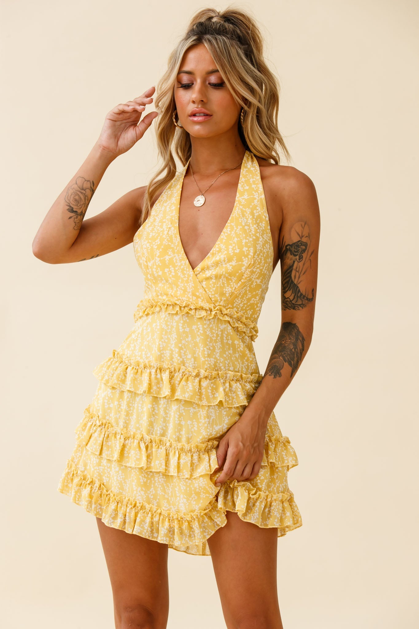 Venezuela Ruffle Trim Tie-Back Halterneck Dress Floral Print Yellow/White by Selfie Leslie