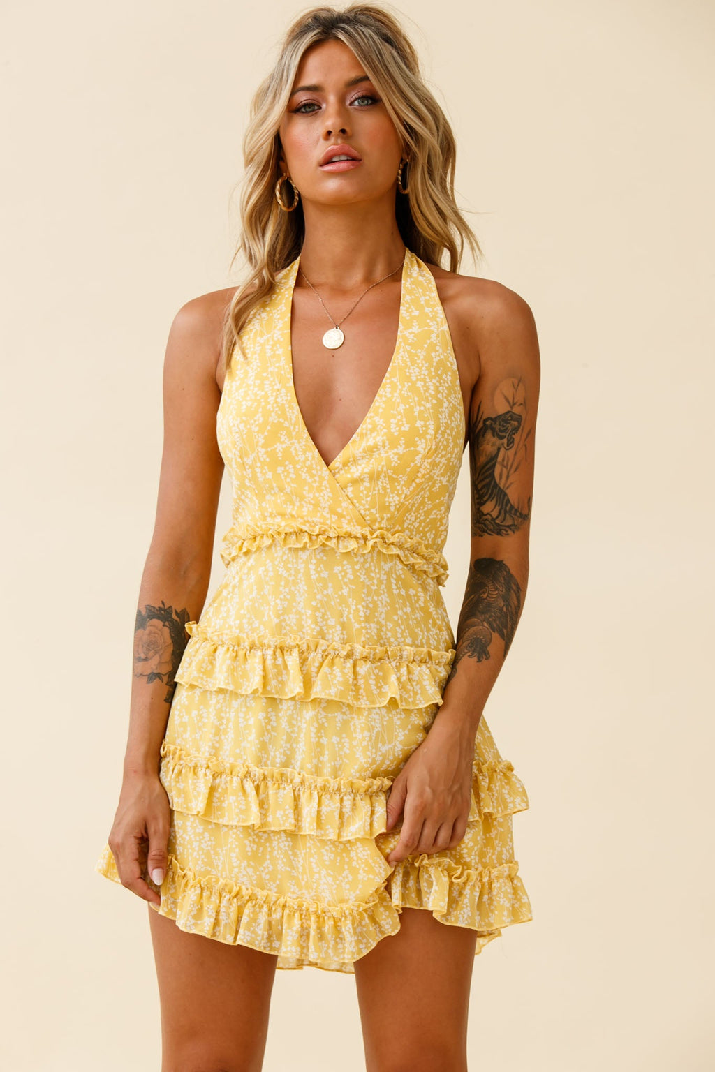 Venezuela Ruffle Trim Tie-Back Halterneck Dress Floral Print Yellow/White by Selfie Leslie