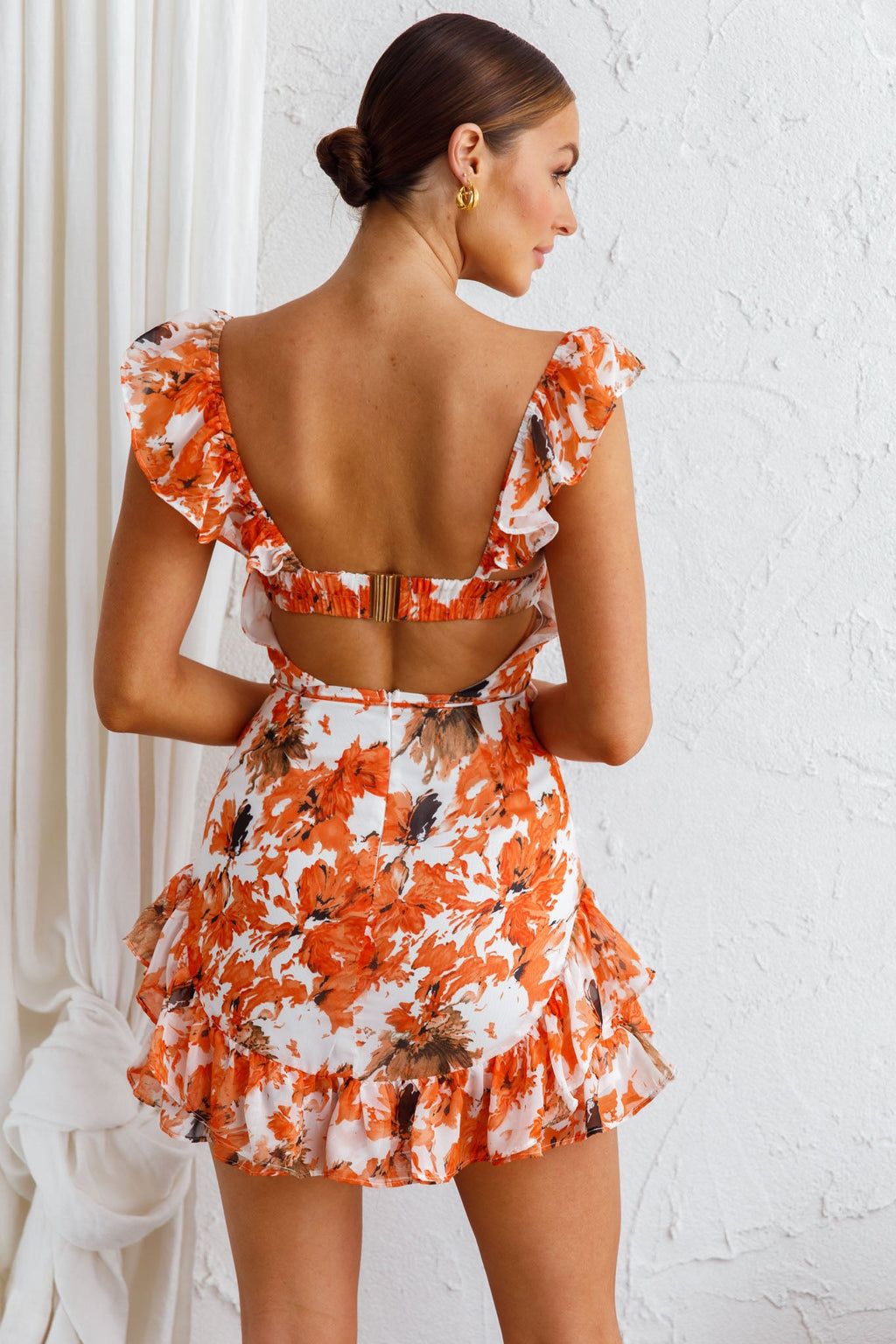 Liz Gathered Bust Frill Trim Dress Abstract Floral Orange by Selfie Leslie