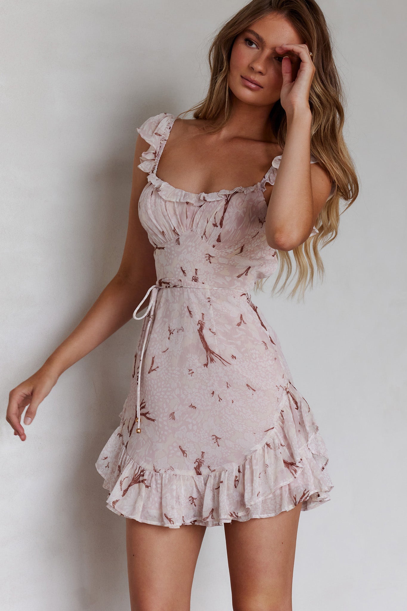 Liz Gathered Bust Frill Trim Dress Floral Pink by Selfie Leslie