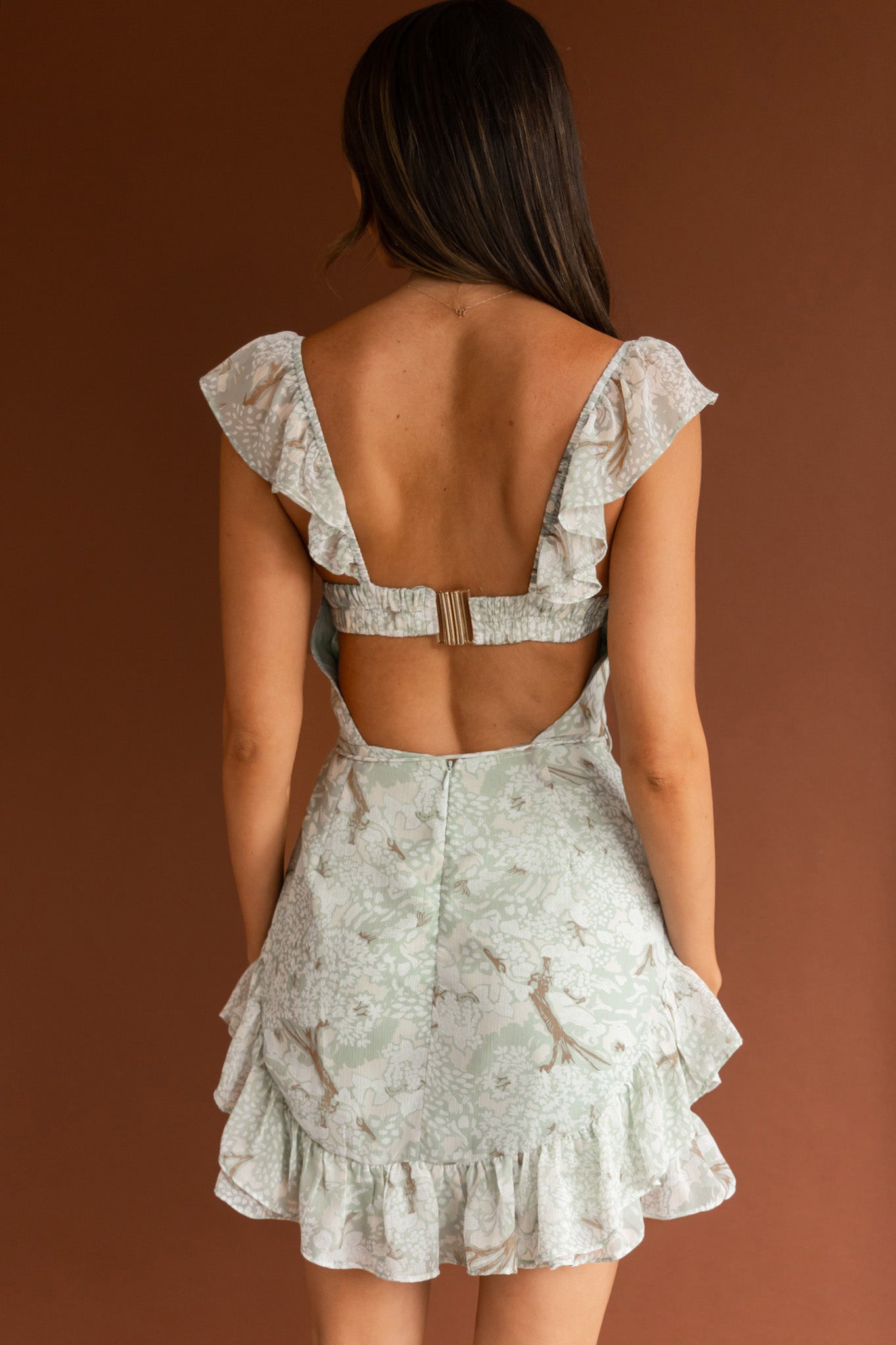 Liz Gathered Bust Frill Trim Dress Floral Sage by Selfie Leslie