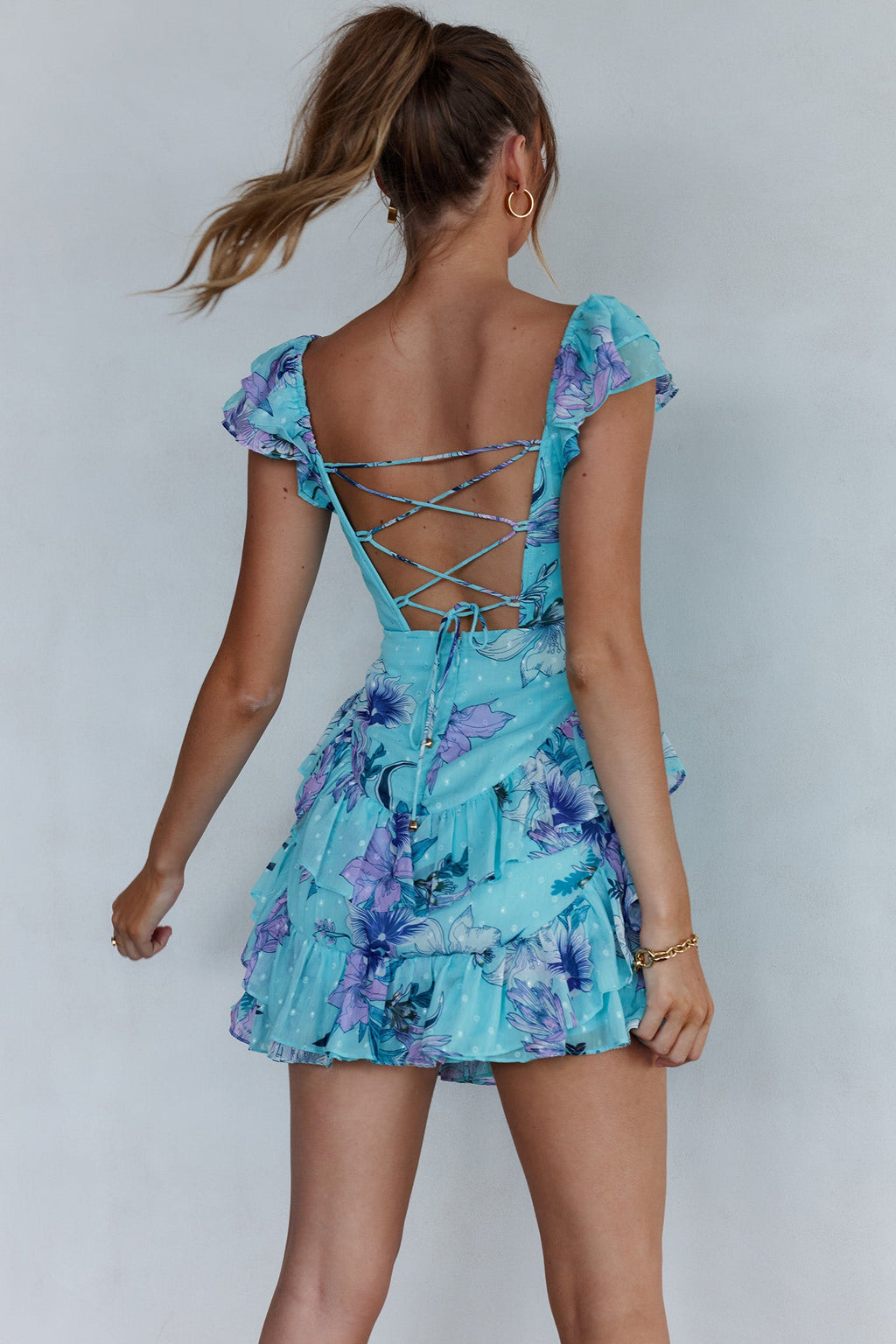 Liz Ruffle Shoulder Dress Floral Mint by Selfie Leslie