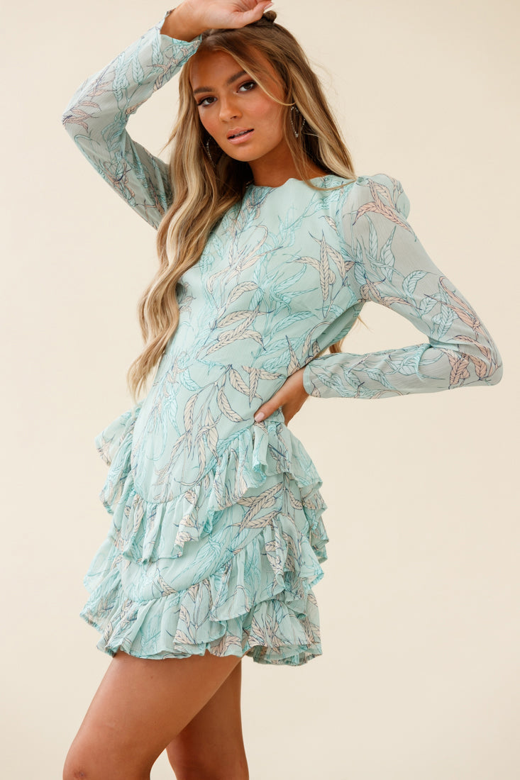 Liz Long Sleeve Double Ruffle Dress Leaf Print Mint by Selfie Leslie