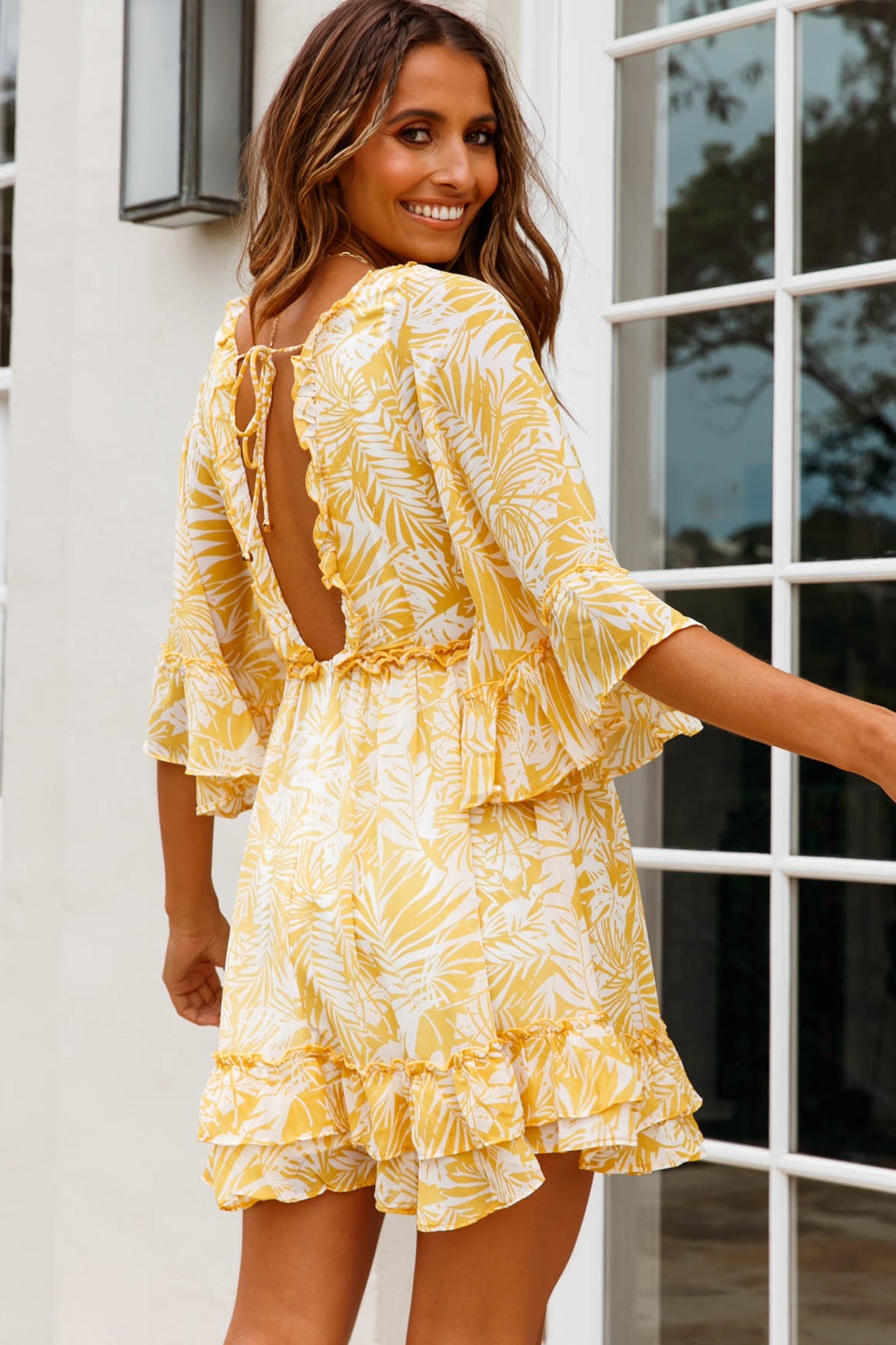 Making Me Blush Bell Sleeve Frill Trim Dress Tropical Print Yellow by Selfie Leslie